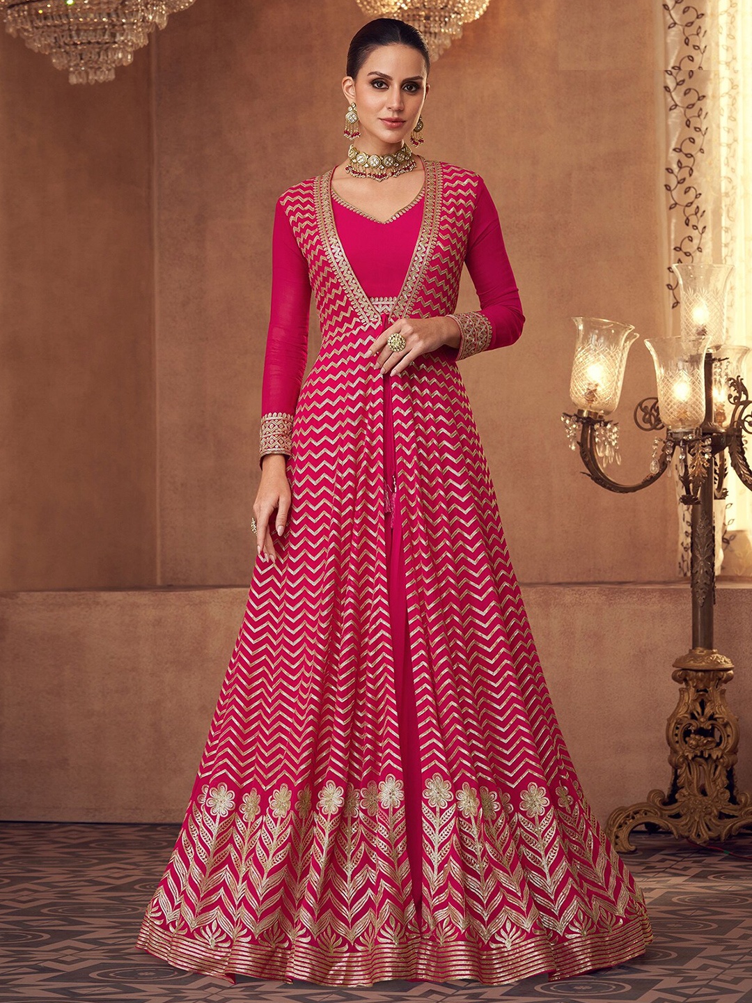 

ODETTE Embellished Sequinned Unstitched Lehenga & Blouse With Jacket, Pink