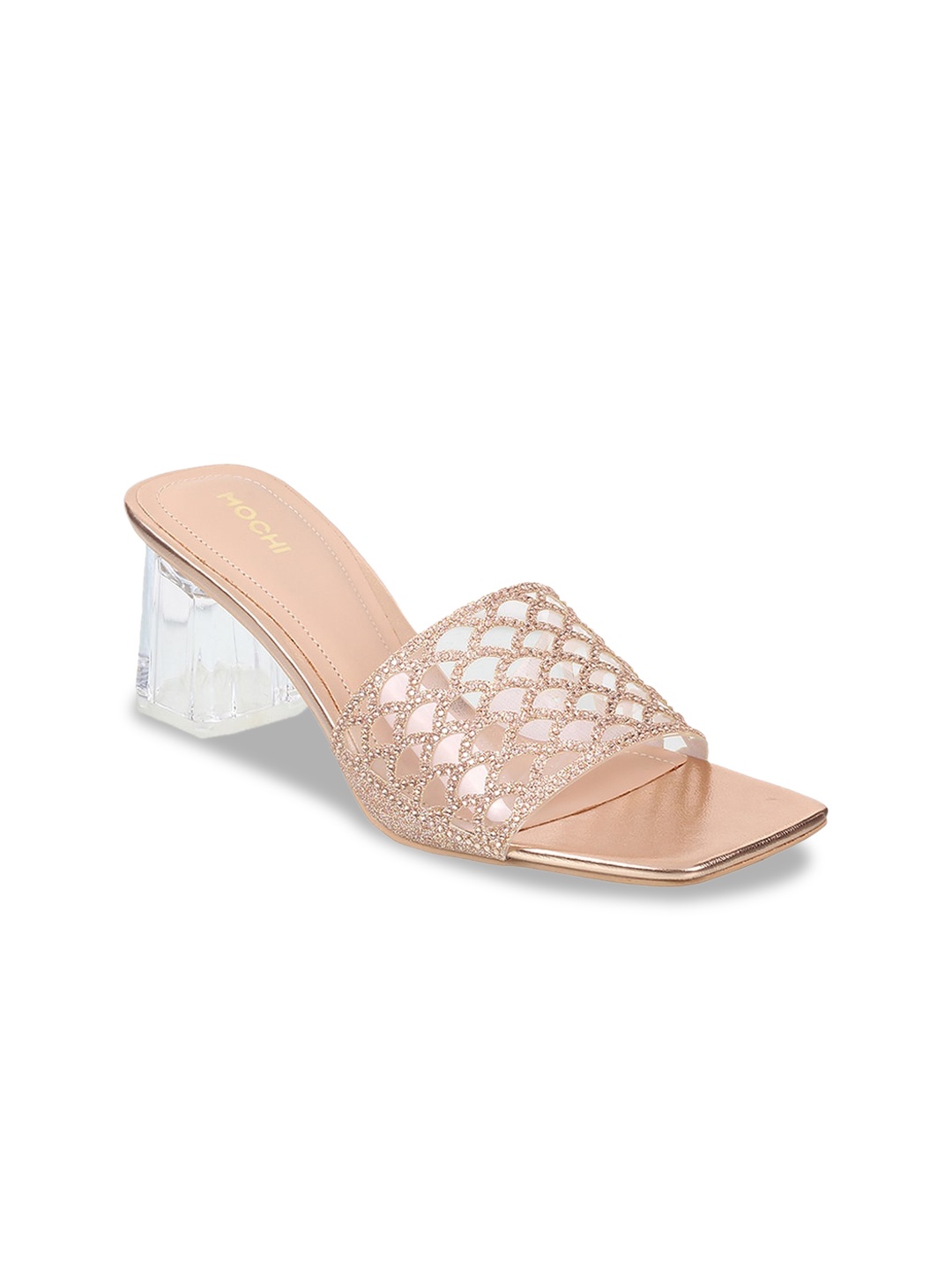 

Mochi Embellished Open Toe Block Heels, Rose gold
