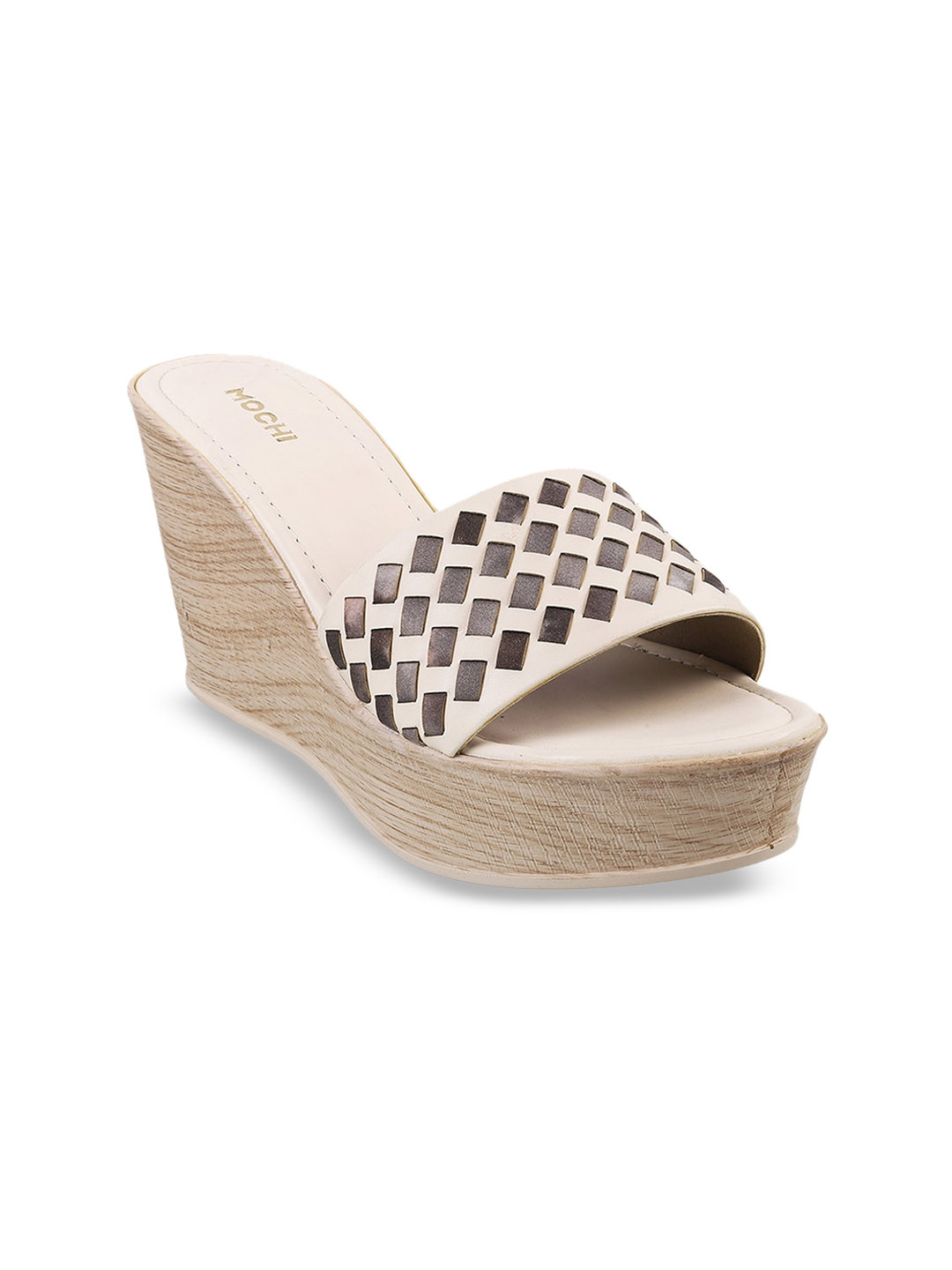 

Mochi Printed Open Toe Wedge Heels, Beige