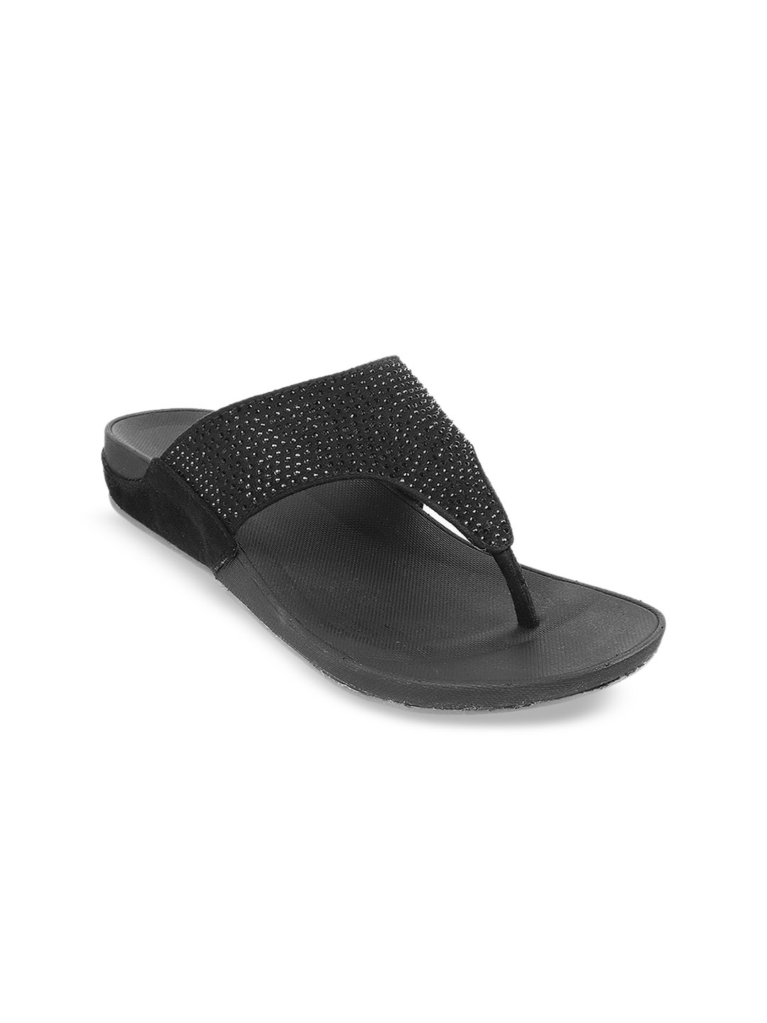 

Mochi Embellished Open Toe T-Strap Flats, Black