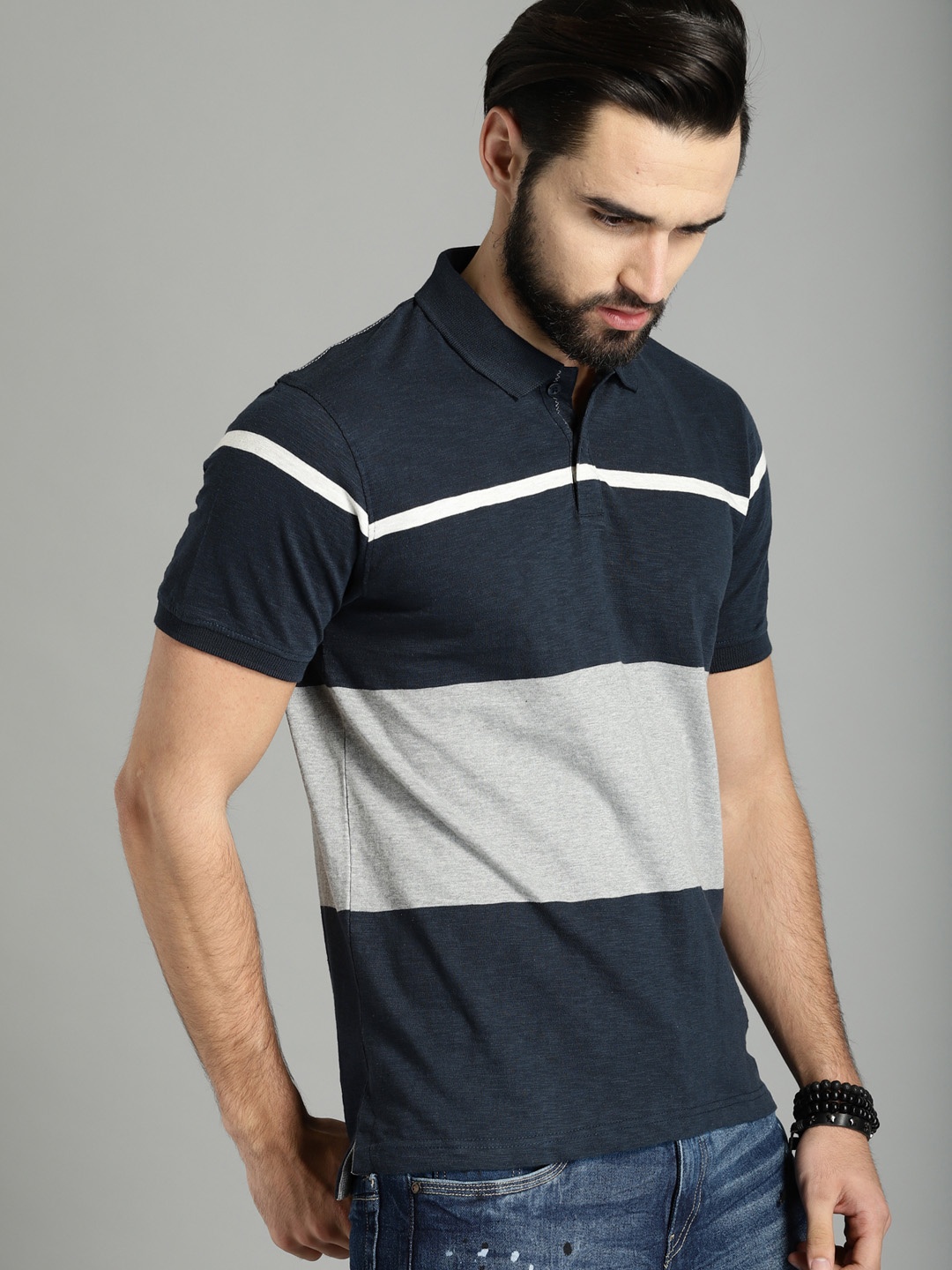 

Roadster Time Travlr Men Grey Navy Colourblocked Polo Collar Pure Cotton T-shirt