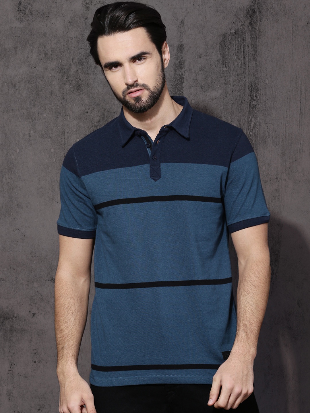 

Roadster Men Blue Black Striped Polo Collar Pure Cotton T-shirt