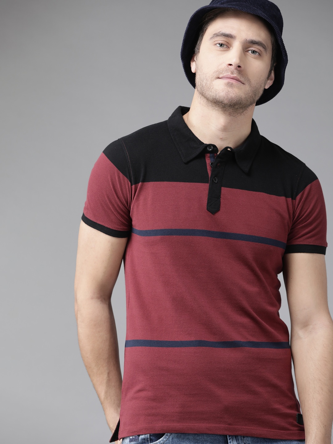 

Roadster Men Maroon & Black Striped Polo Collar Pure Cotton T-shirt