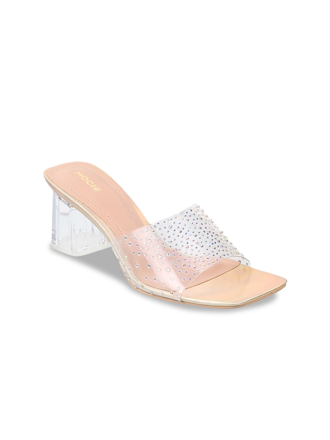 

Mochi Embellished Open Toe Block Heels, Gold
