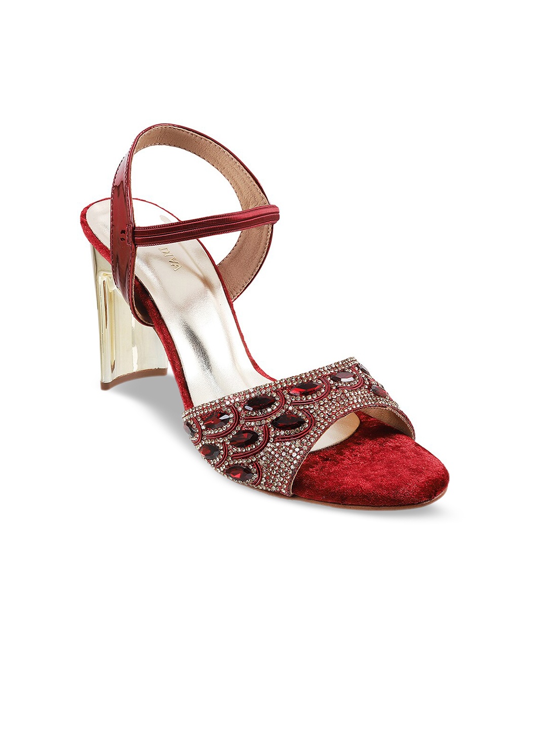 

Mochi Embellished Open Toe Block Heels, Maroon