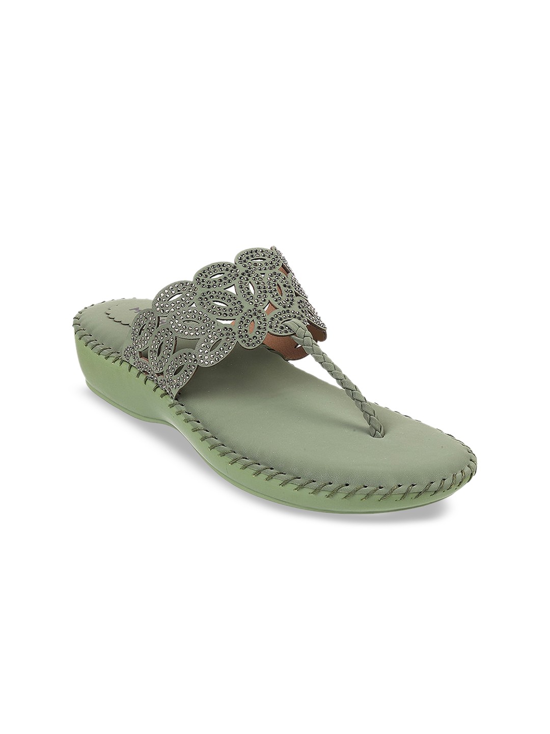 

Mochi Synthetic T-Strap Flats With Laser Cuts, Green