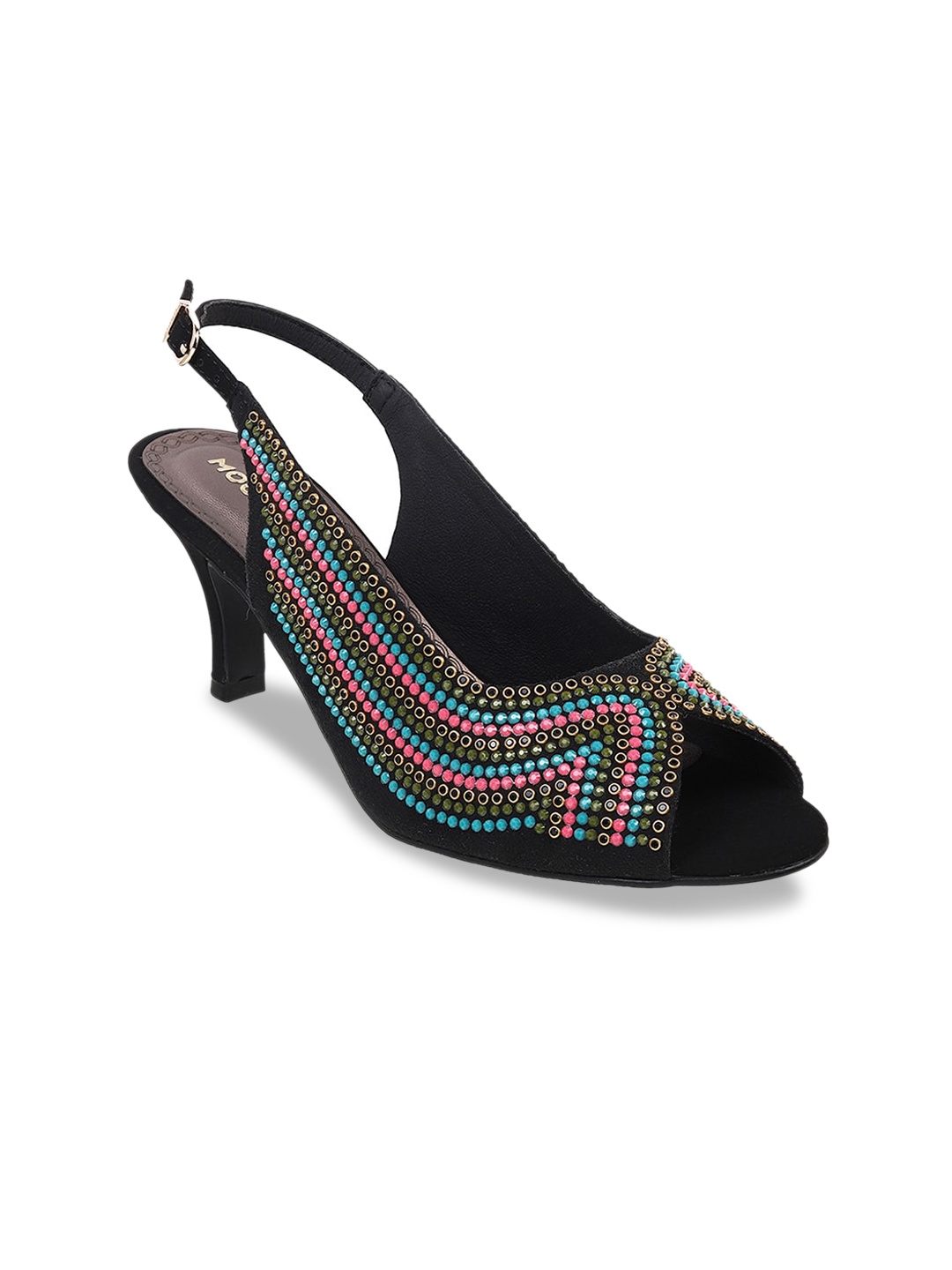 

Mochi Embellished Slim Peep Toes With Backstrap, Black