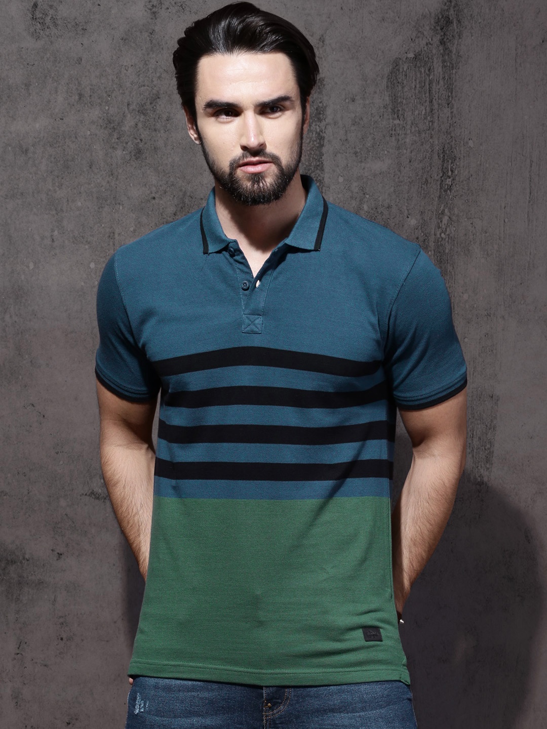 

Roadster Men Blue Green Striped Polo Collar Pure Cotton T-shirt