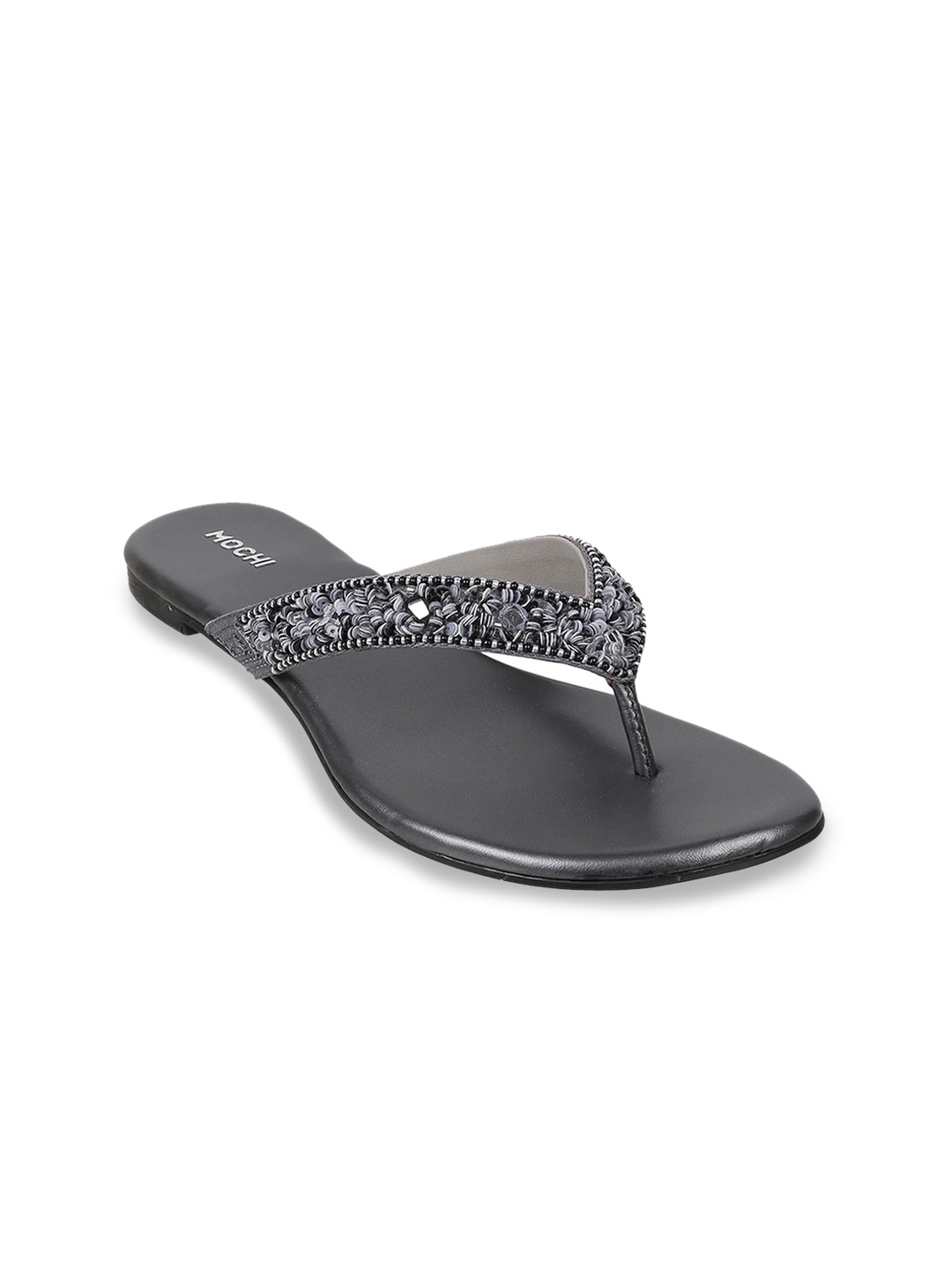 

Mochi Embellished T-Strap Flats, Grey