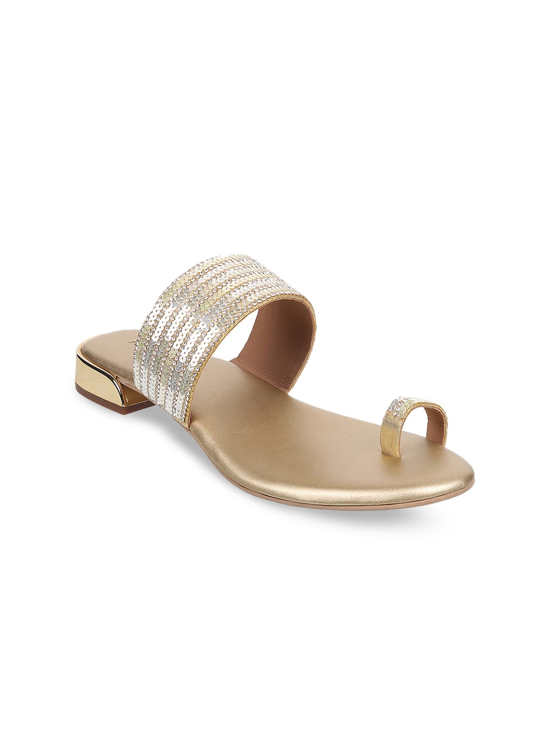 Mochi Embellished Open One Toe Flats, Gold