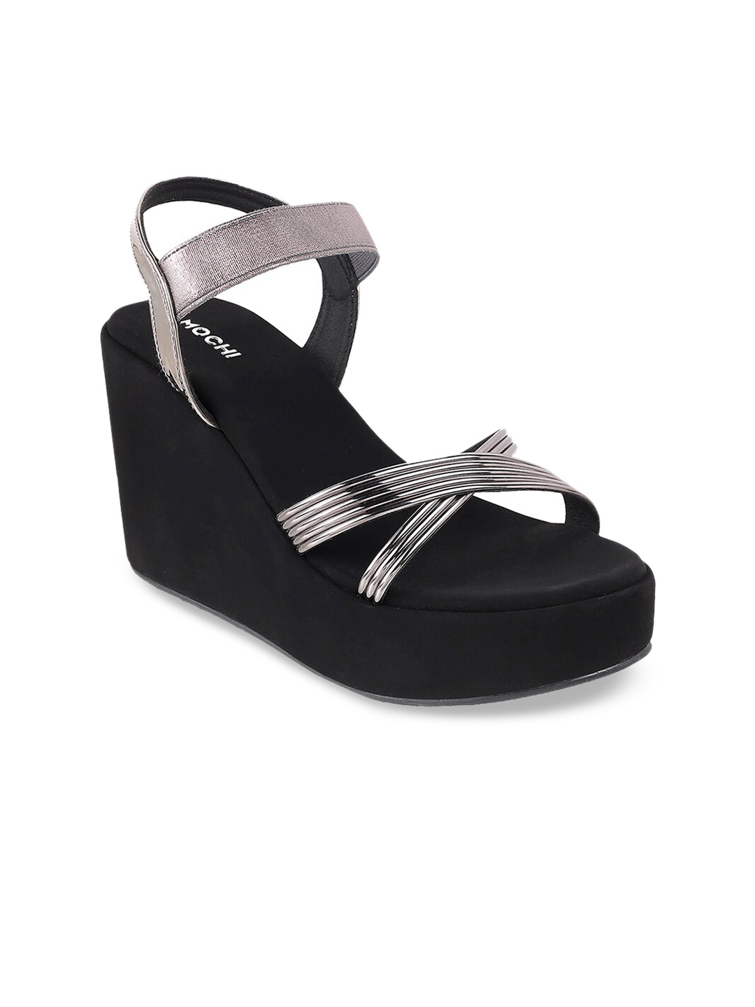 

Mochi Striped Open Toe Back Stripes Wedges, Grey