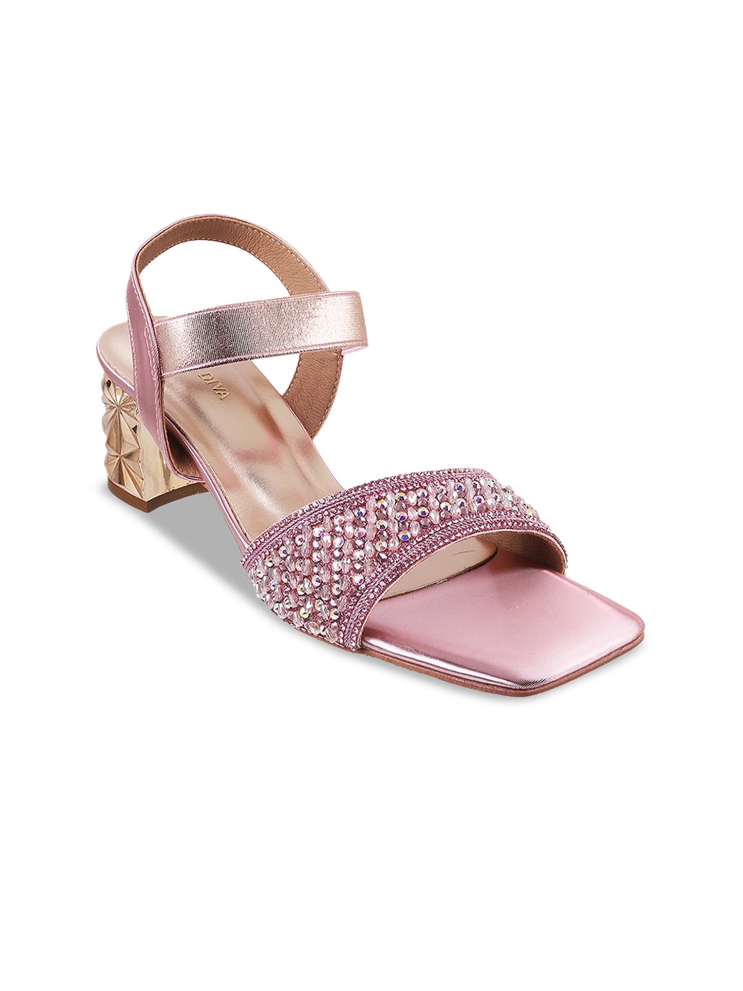 

Mochi Embellished Open Toe Block Heels With Backstrap, Pink