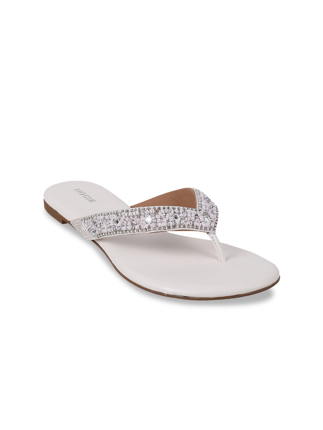 

Mochi Embellished T-Strap Flats, White