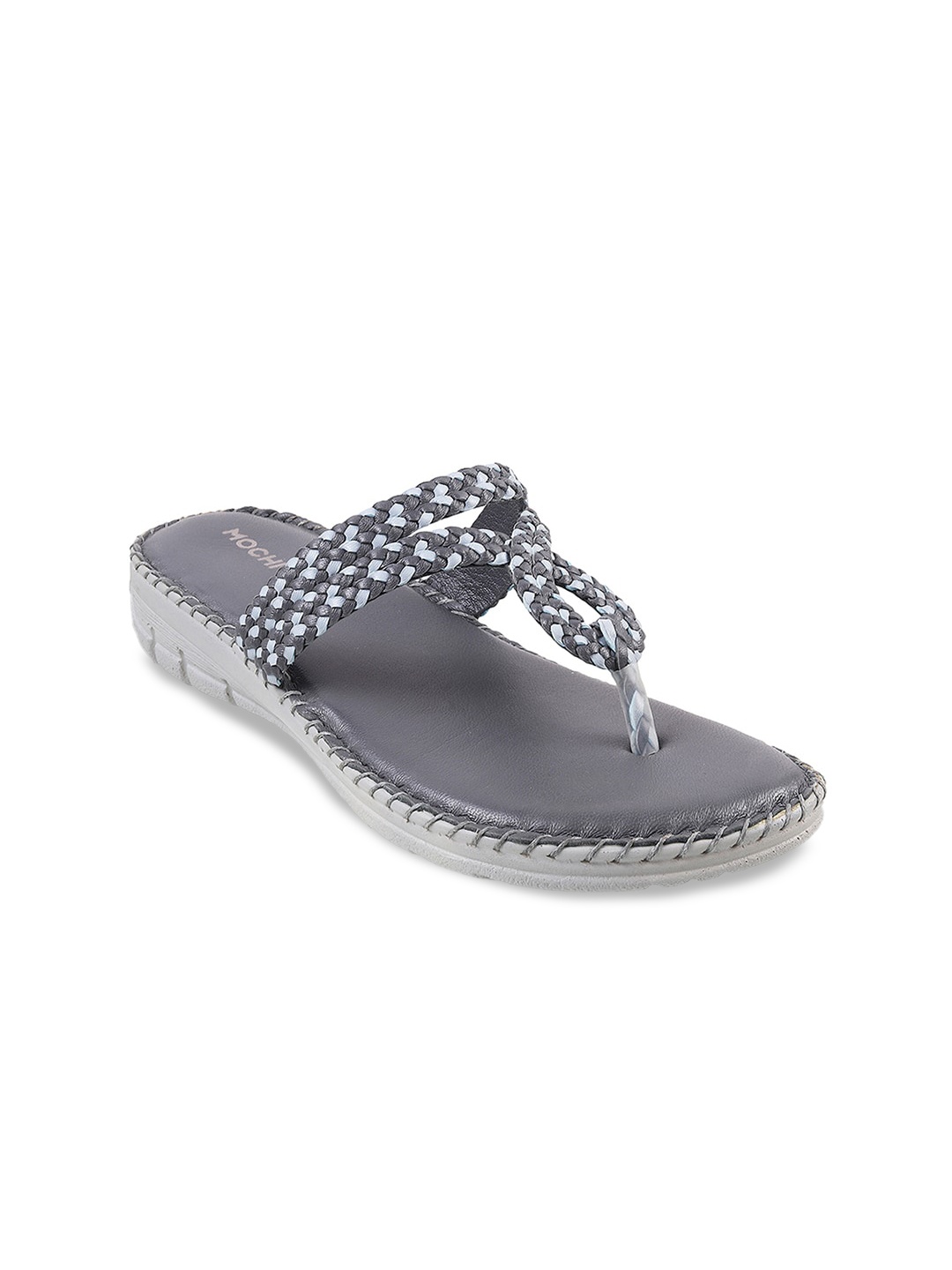 

Mochi Braided T-Strap Slip-On Leather Flats, Grey