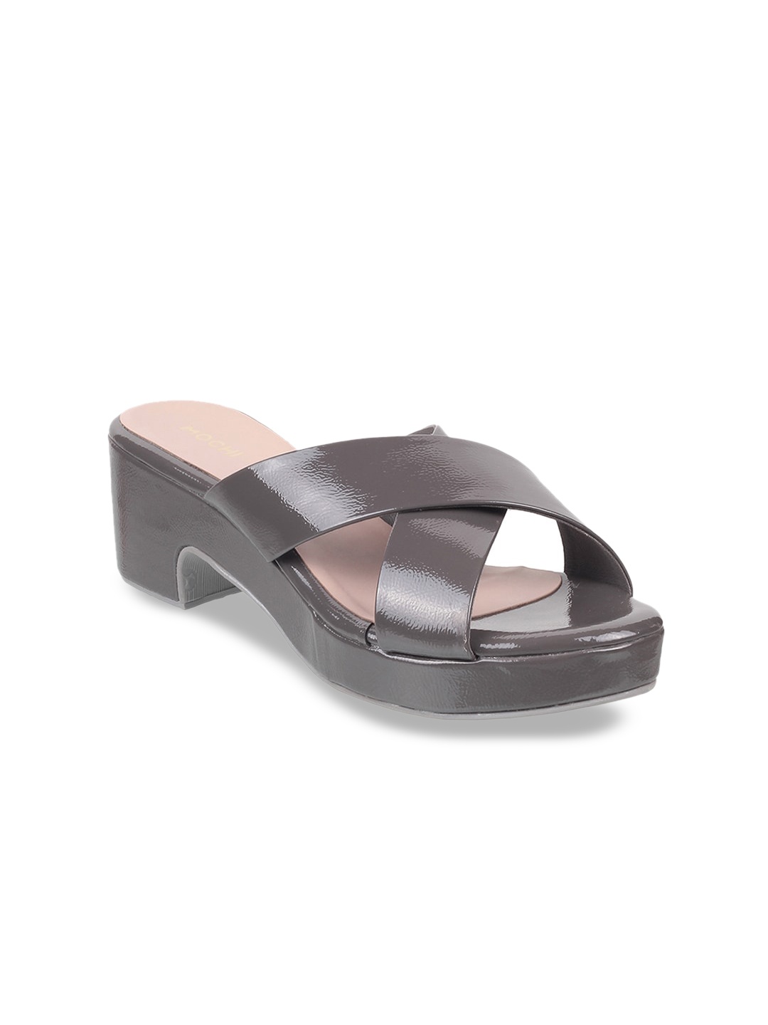 Mochi Cross Strap Open Toe Block Heels, Grey