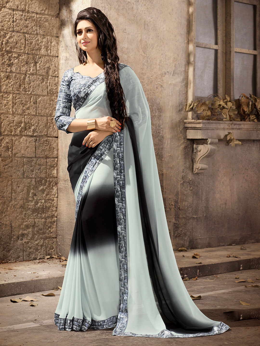 

Shaily Black & Grey Pure Georgette Saree