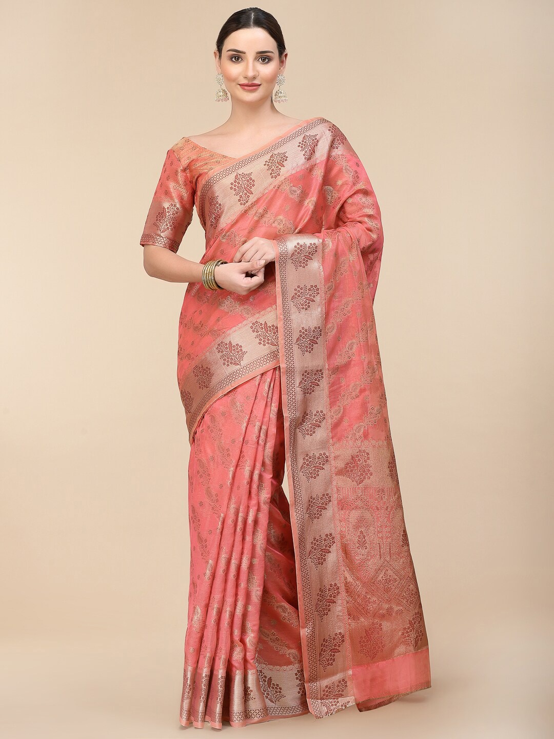 

all about you Pink & Gold-Toned Paisley Woven Design Zari Organza Saree