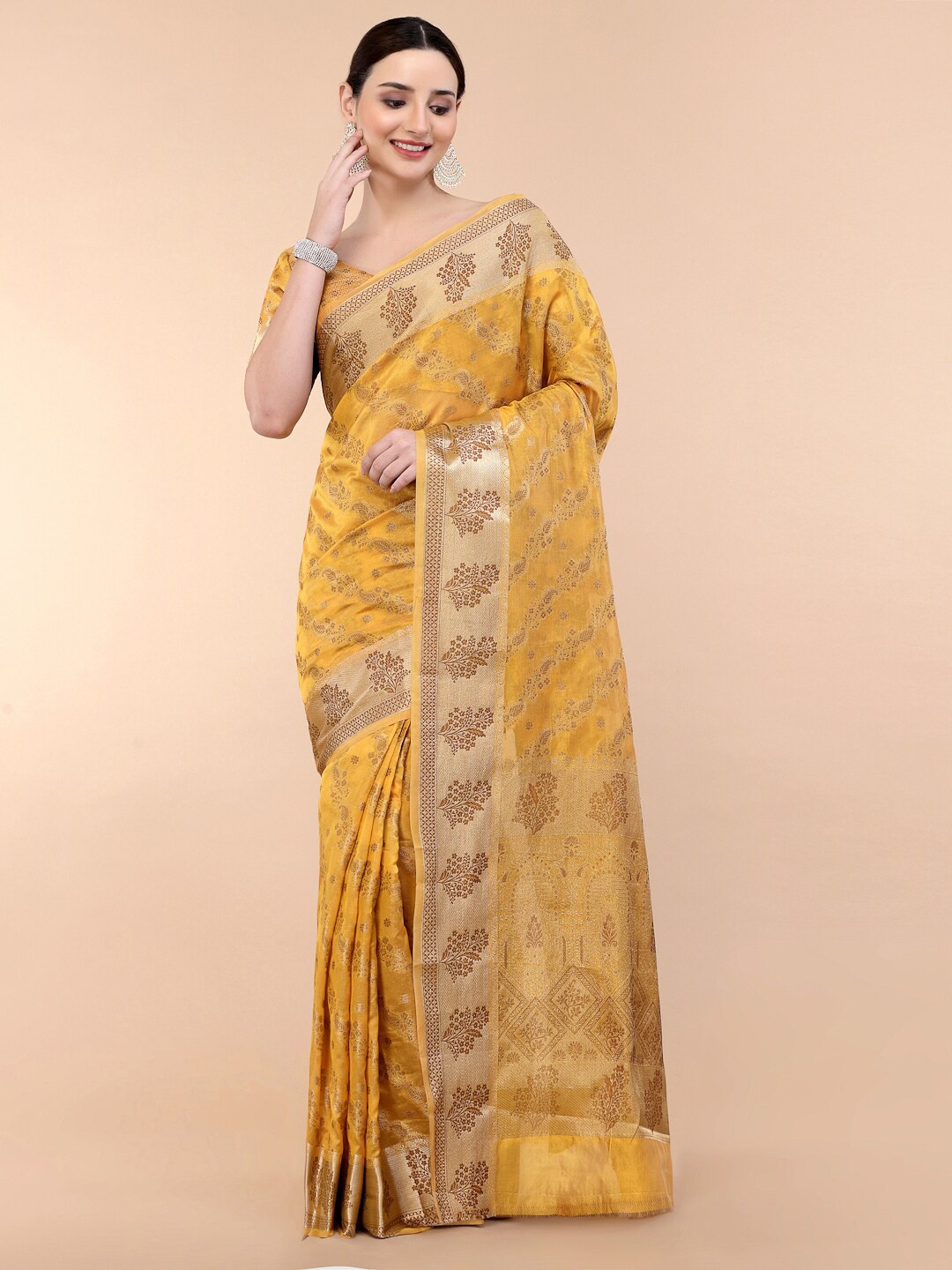 

all about you Mustard & Gold-Toned Paisley Woven Design Zari Organza Saree