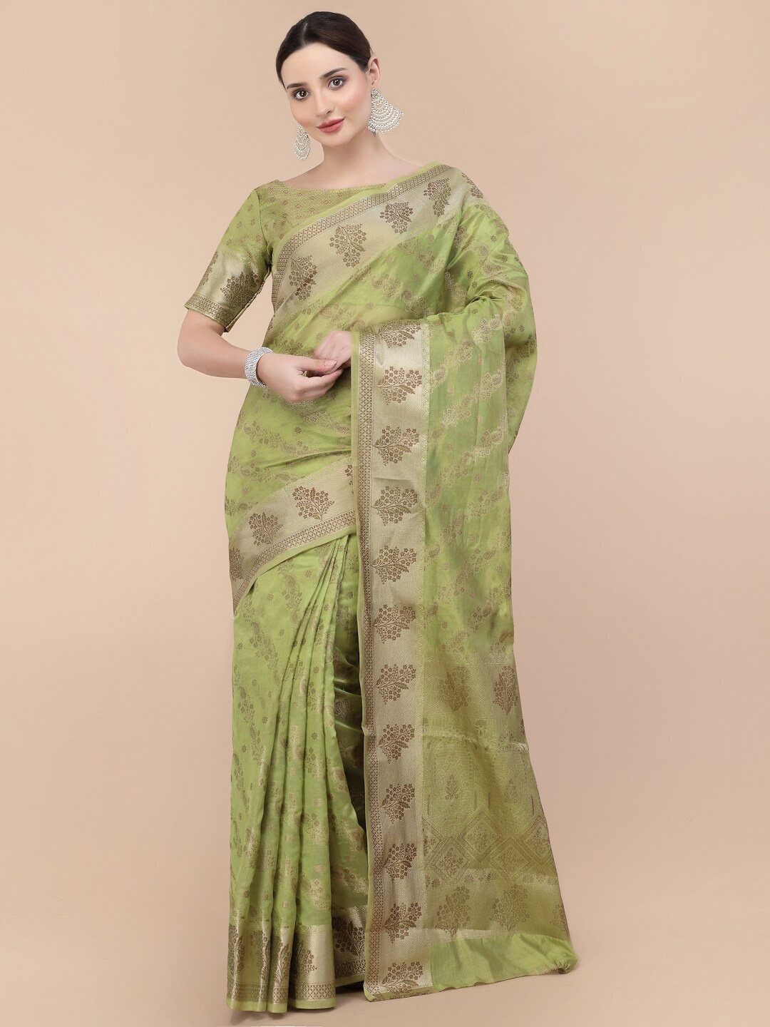 

all about you Green & Gold-Toned Paisley Woven Design Zari Organza Saree