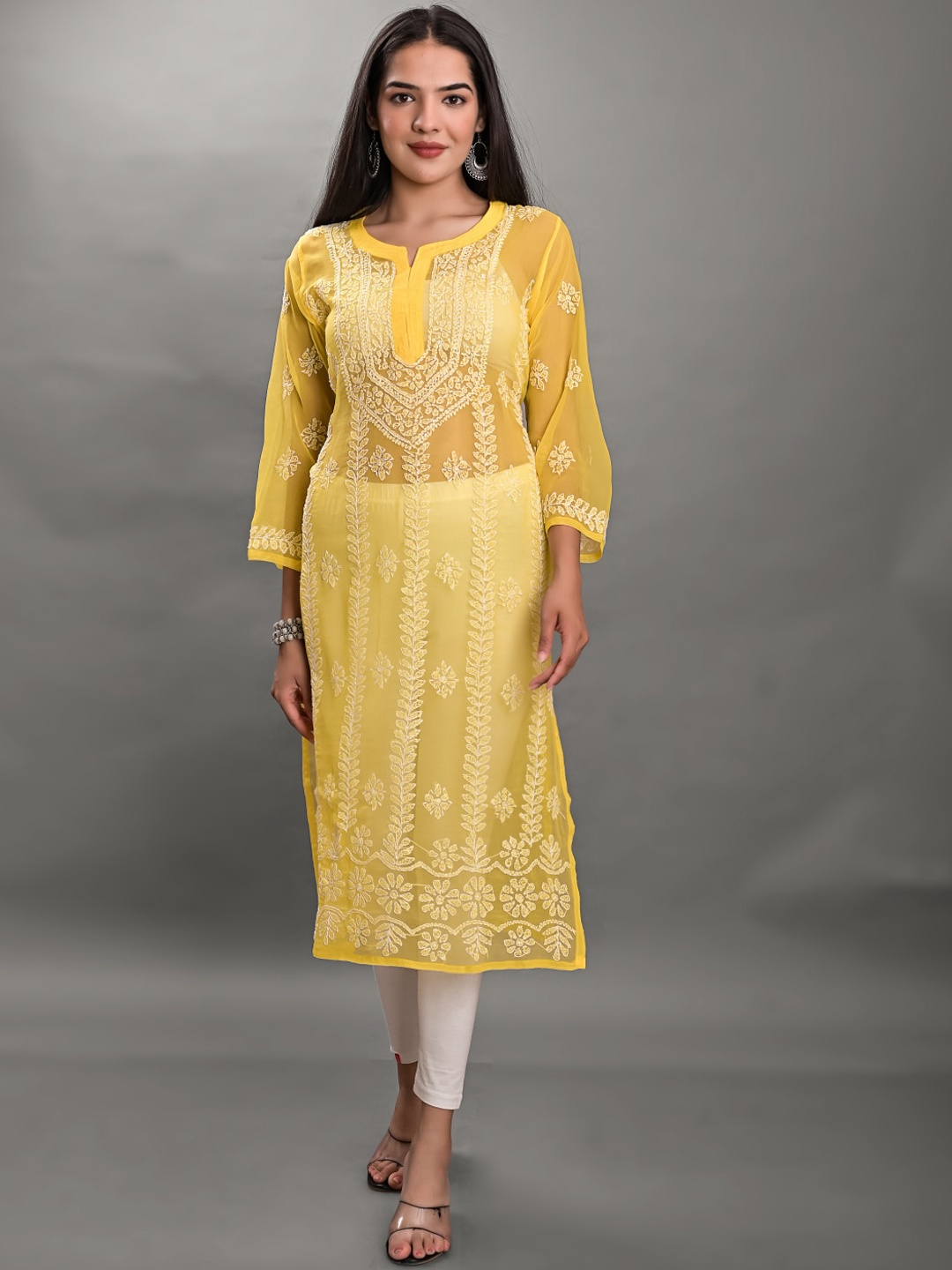 

Apratim Ethnic Motifs Embroidered Chikankari Semi Sheer Georgette Kurta, Yellow