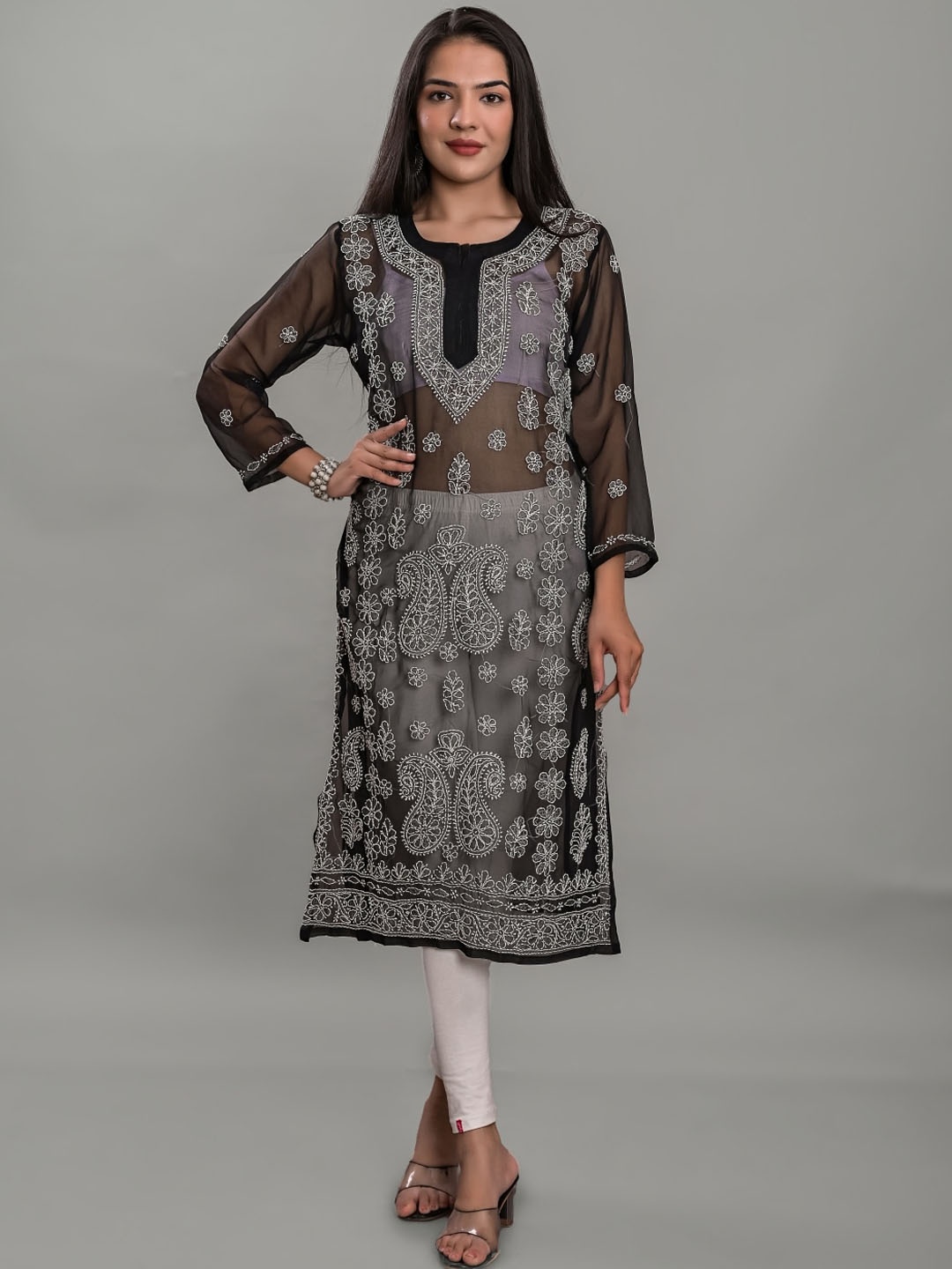 

Apratim Ethnic Motifs Embroidered Chikankari Semi Sheer Georgette Kurta, Black