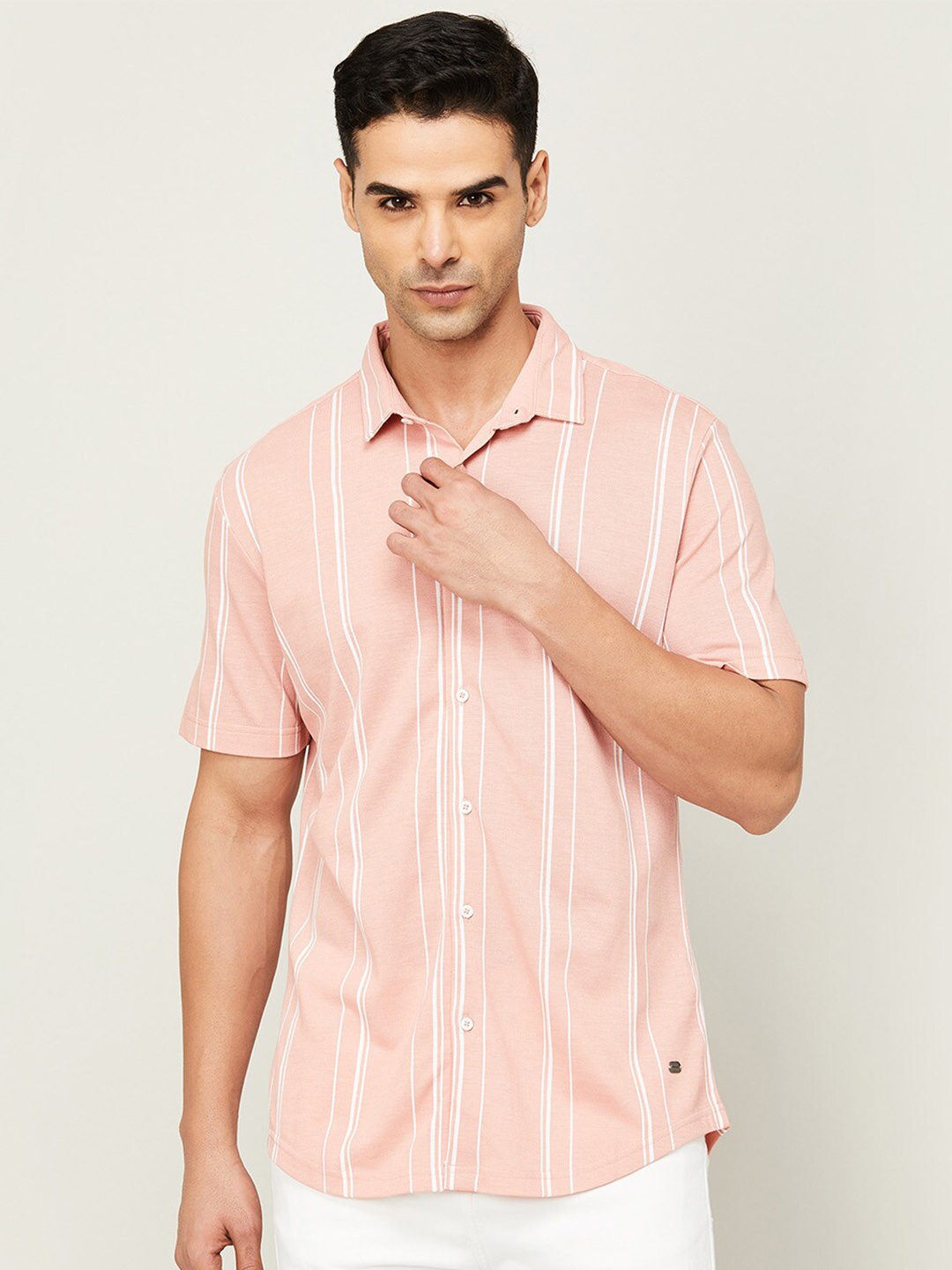 

Fame Forever by Lifestyle Spread Collar Striped Casual Shirt, Peach