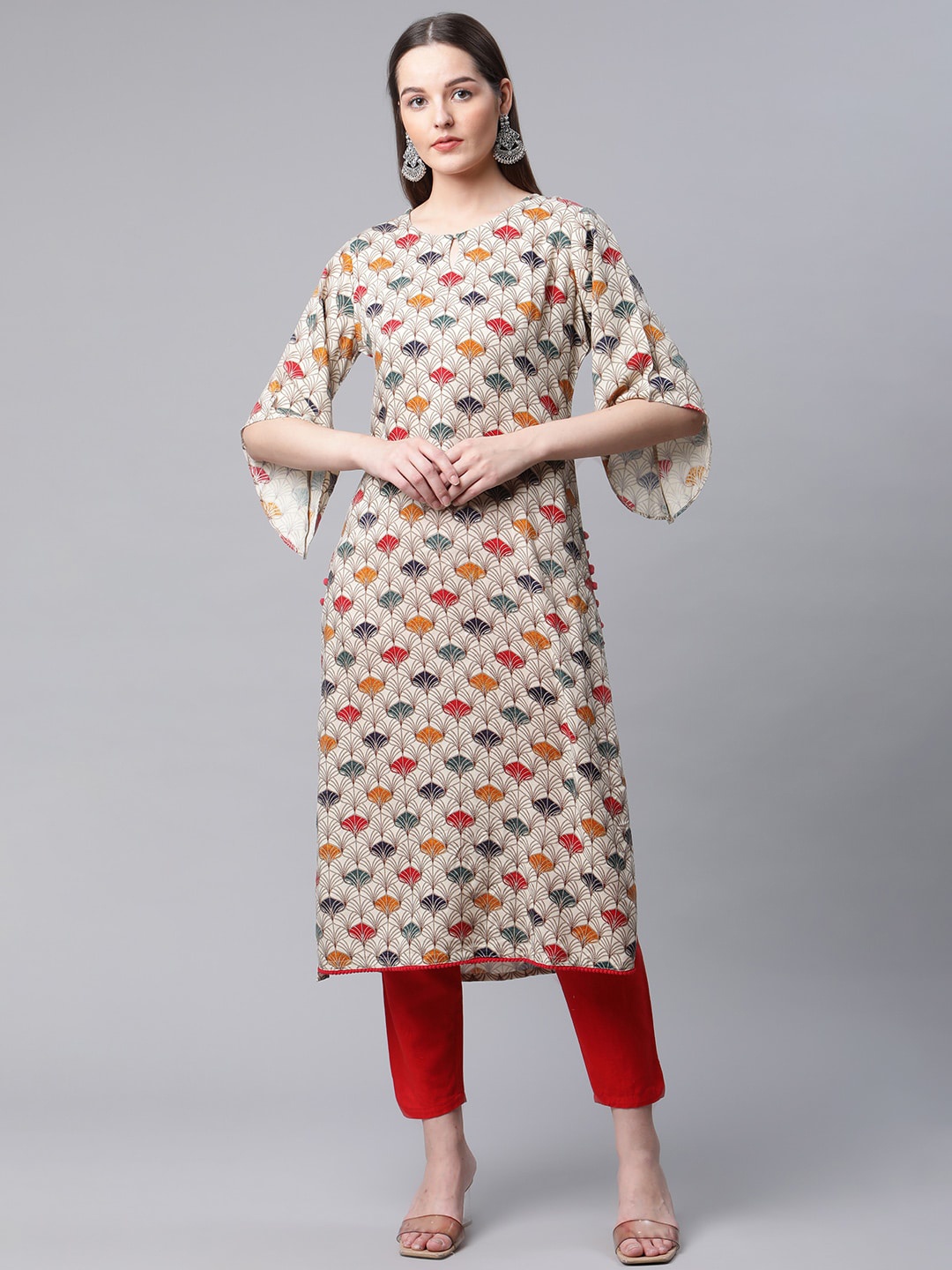 

V TRADITION Floral Printed Bell Sleeves Straight Kurta, Cream