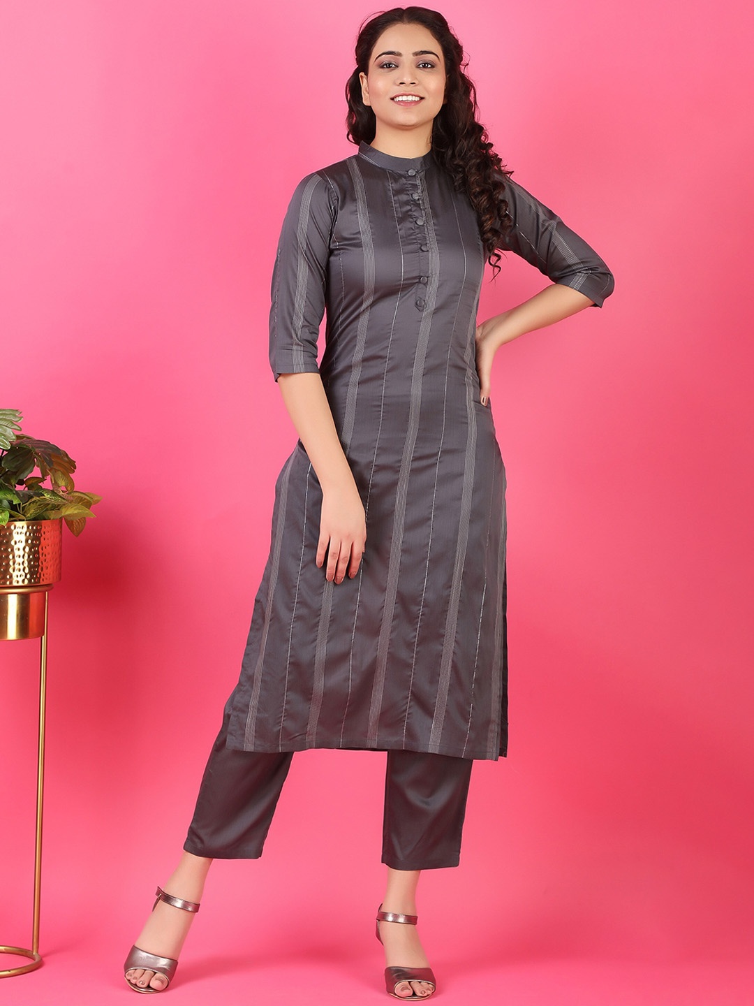 

V TRADITION Striped Band Collar Chanderi Silk Kurta, Grey