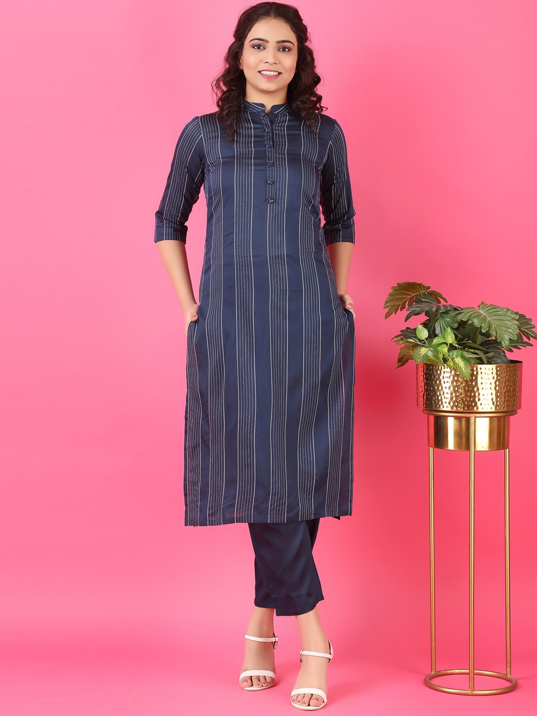

V TRADITION Striped Mandarin Collar Chanderi Silk Kurta, Blue
