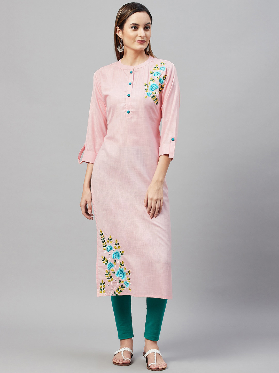 

V TRADITION Floral Embroidered Mandarin Collar Cotton Kurta, Pink