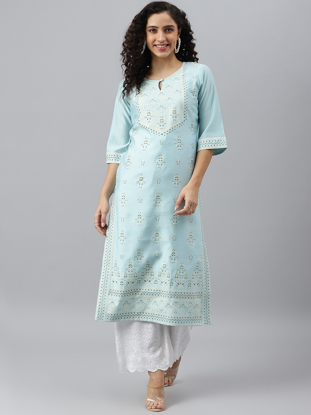 

V TRADITION Floral Printed Keyhole Neck Silk Straight Kurta, Turquoise blue