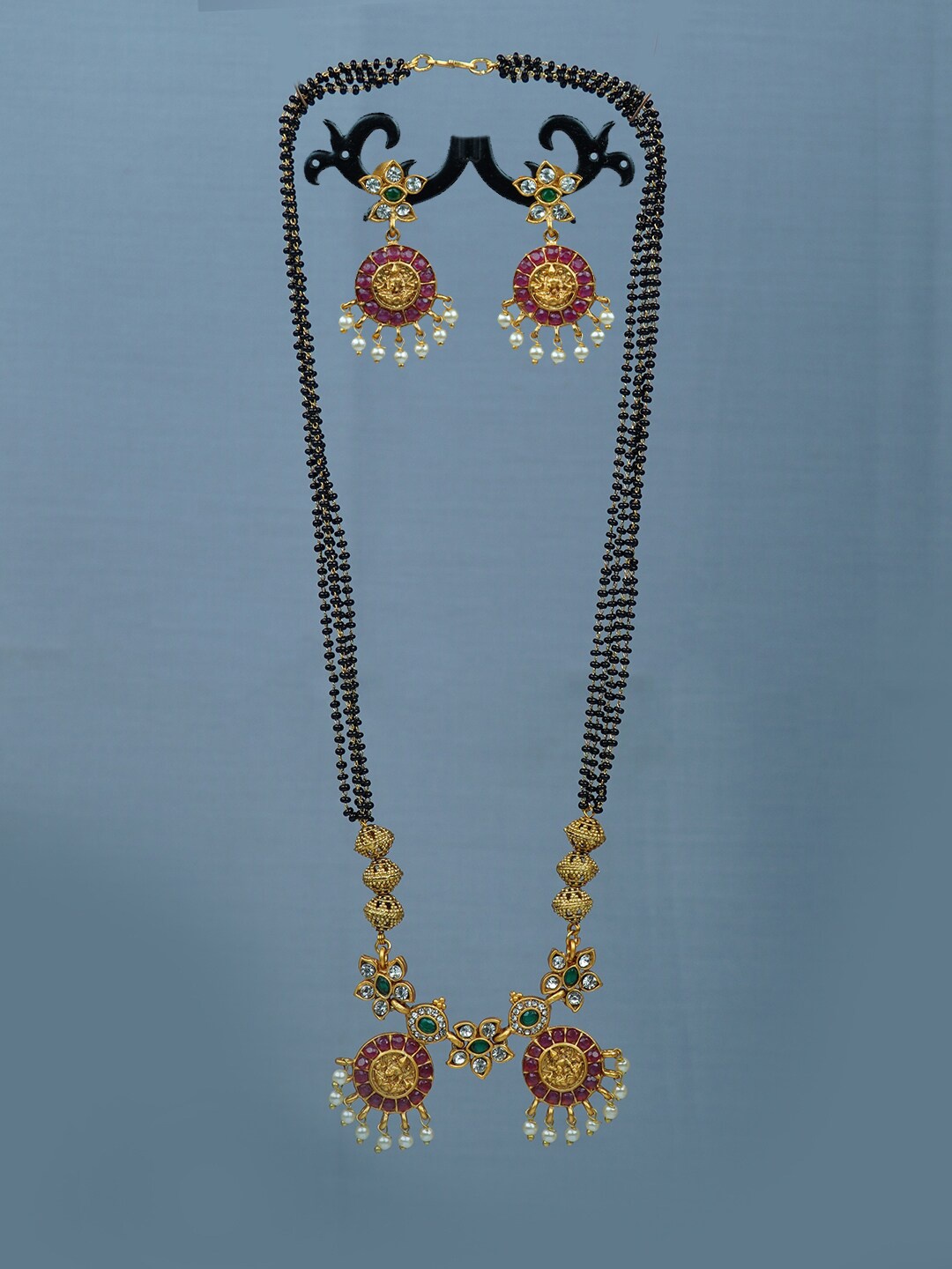 

Diksha collection Gold-Plated Matte Finish Pendent Mangalsutra With Earrings, Black