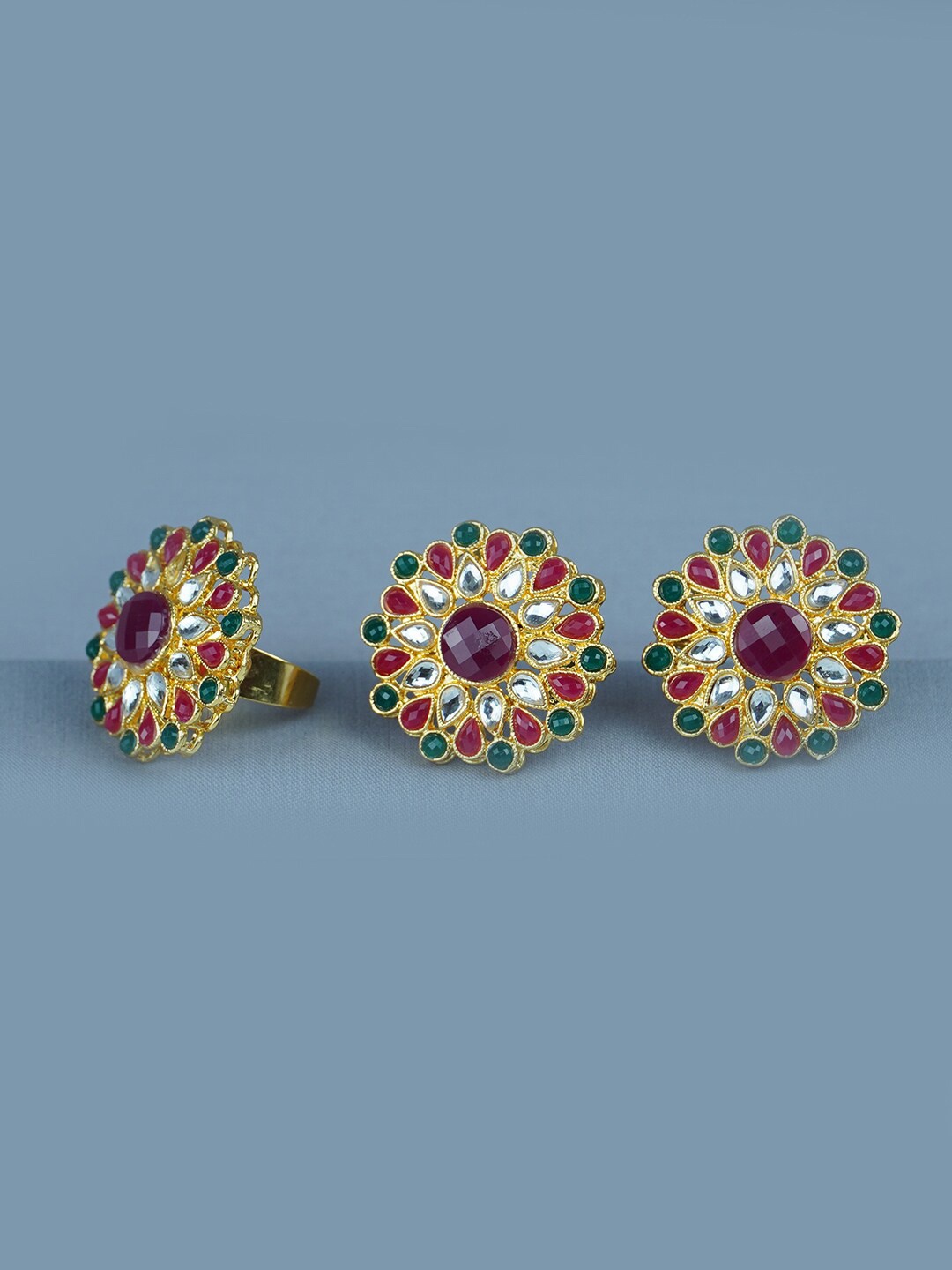 Diksha collection Gold-Plated Stone Studded Matte Finish Earrings With Ring