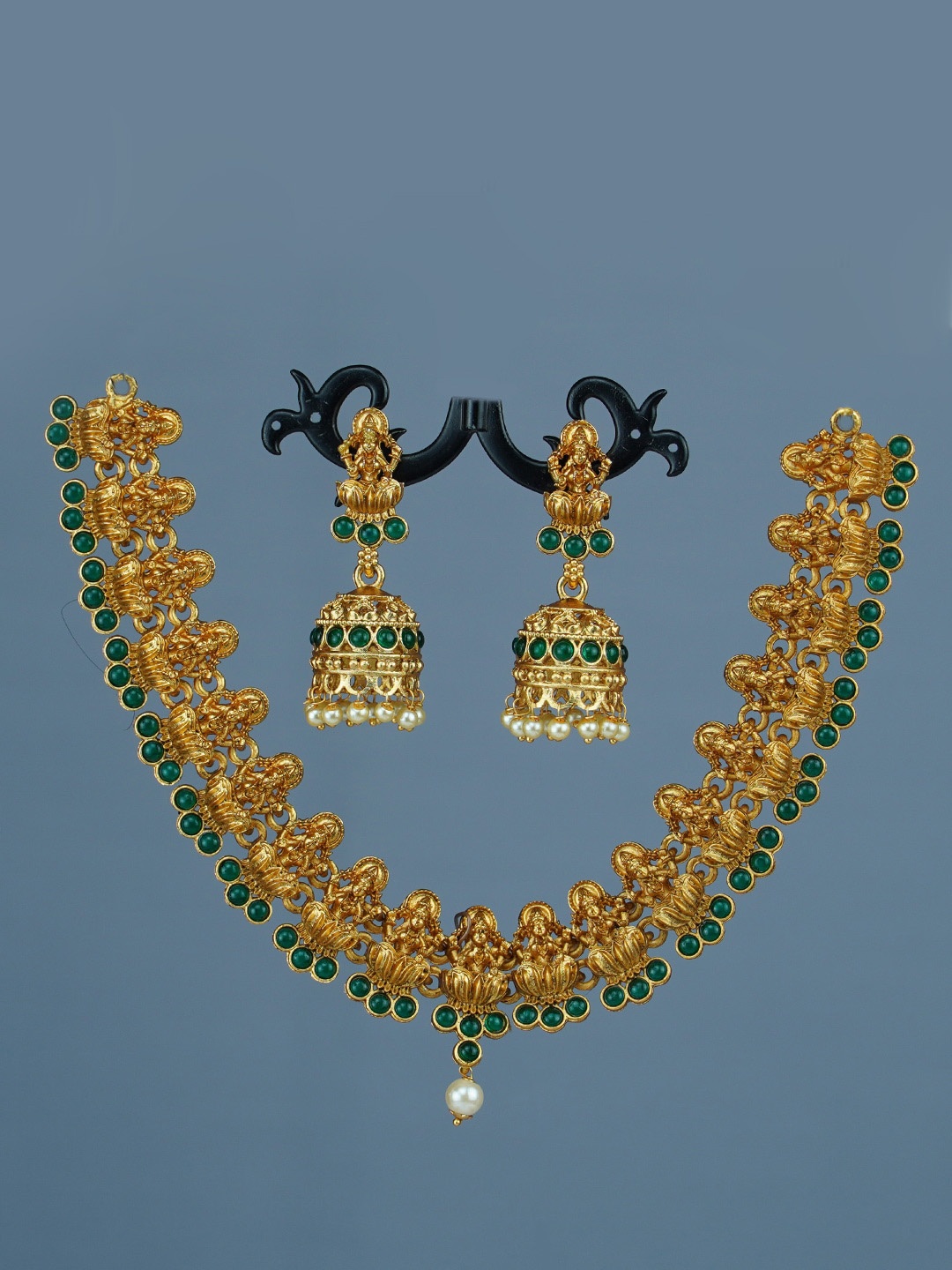 

Diksha collection Gold-Plated Stone Studded Temple Matte Finish Jewellery Set