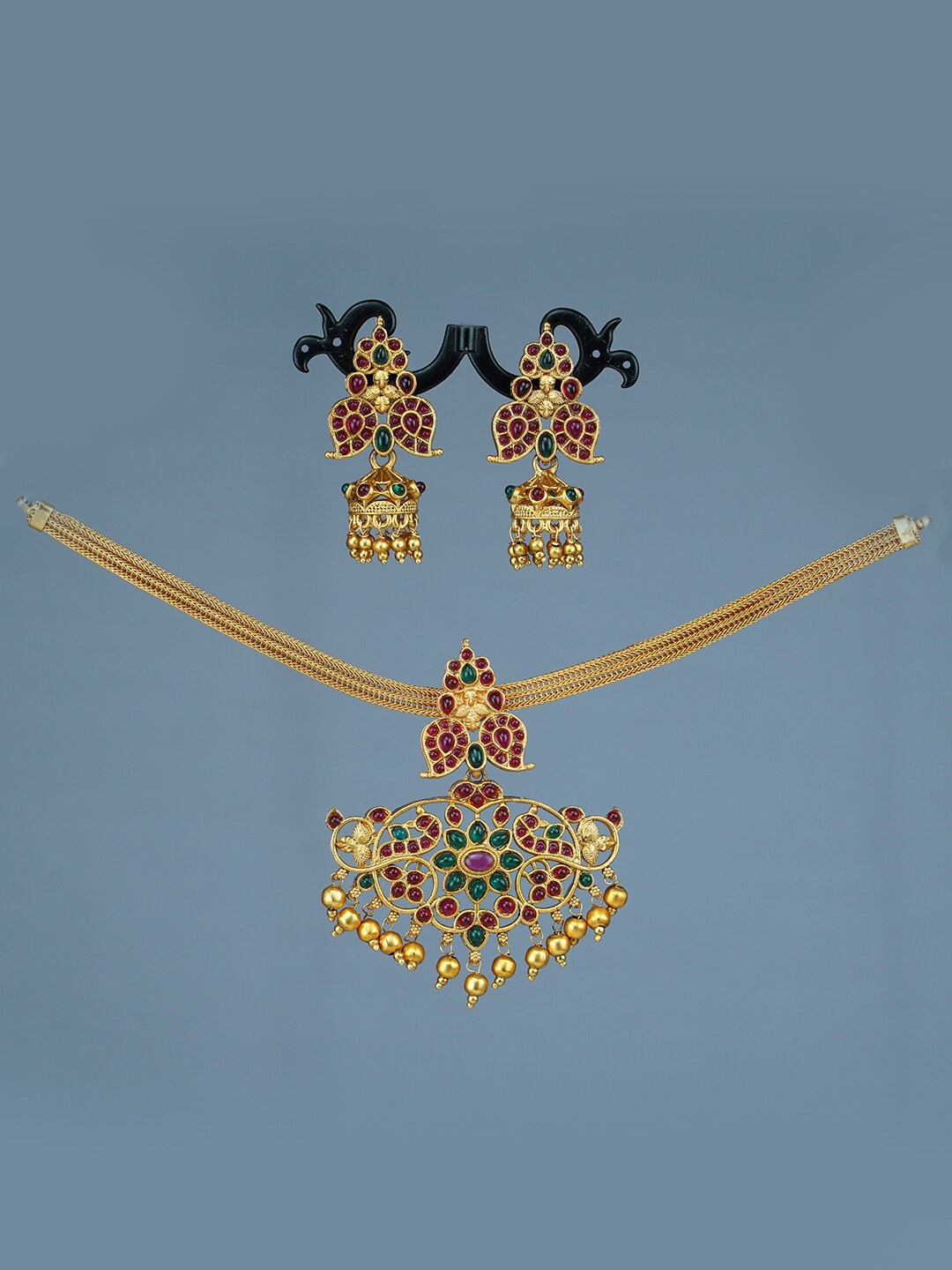 

Diksha collection Gold-Plated Stone Studded Matte Finish Antique Jewellery Set