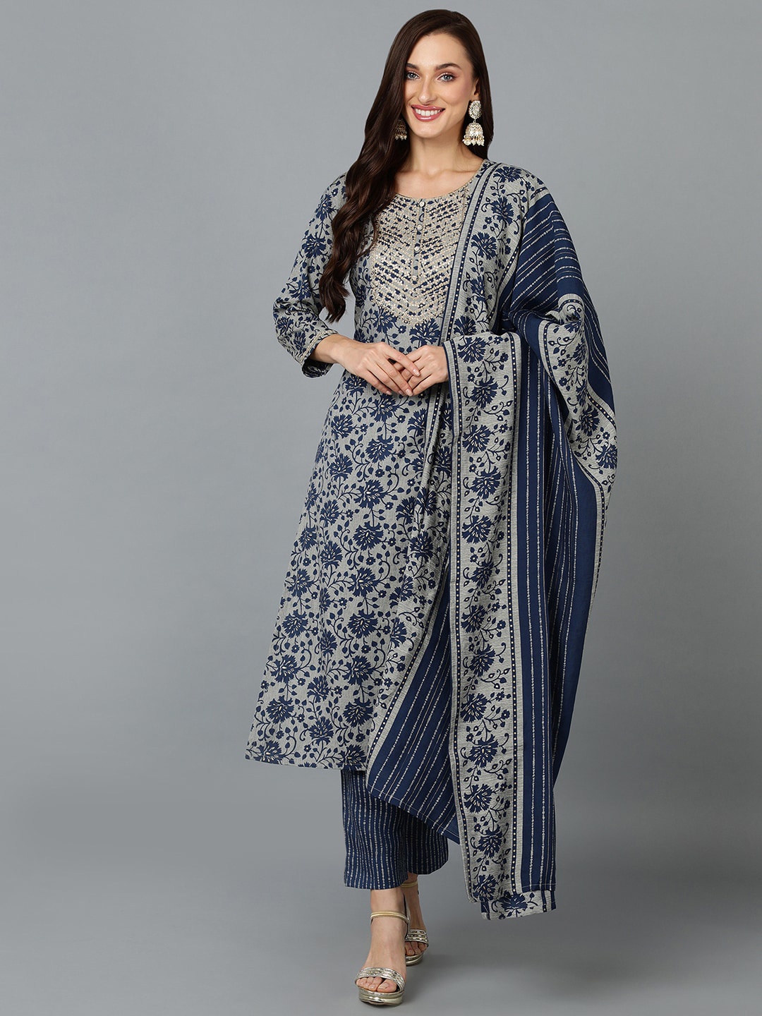 AHIKA Grey & Navy Blue Floral Printed Zari Kurta with Trousers & Dupatta