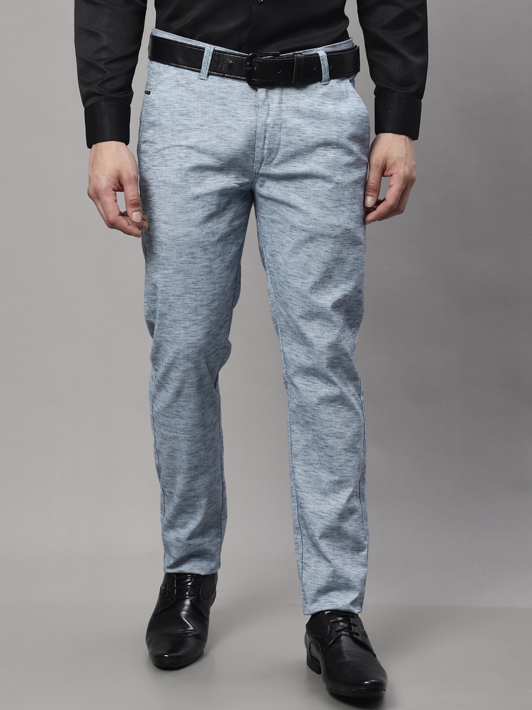 Majestic Man Smart Self Design Mid Rise Plain Slim Fit Formal Trousers, Blue