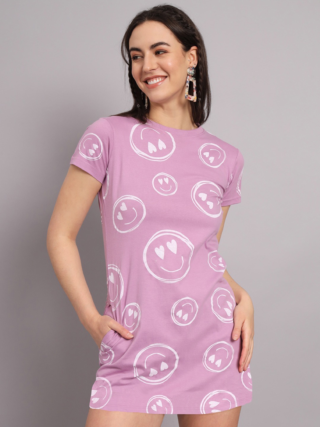 

The Dry State Lavender Coversational Printed Cotton T-Shirt Dress