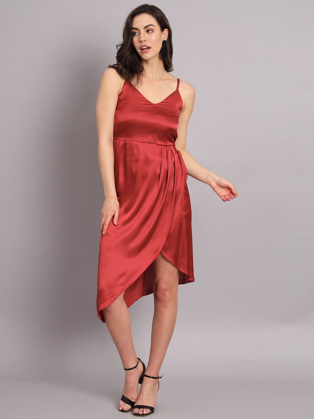 

The Dry State Maroon Satin A-Line Midi Dress