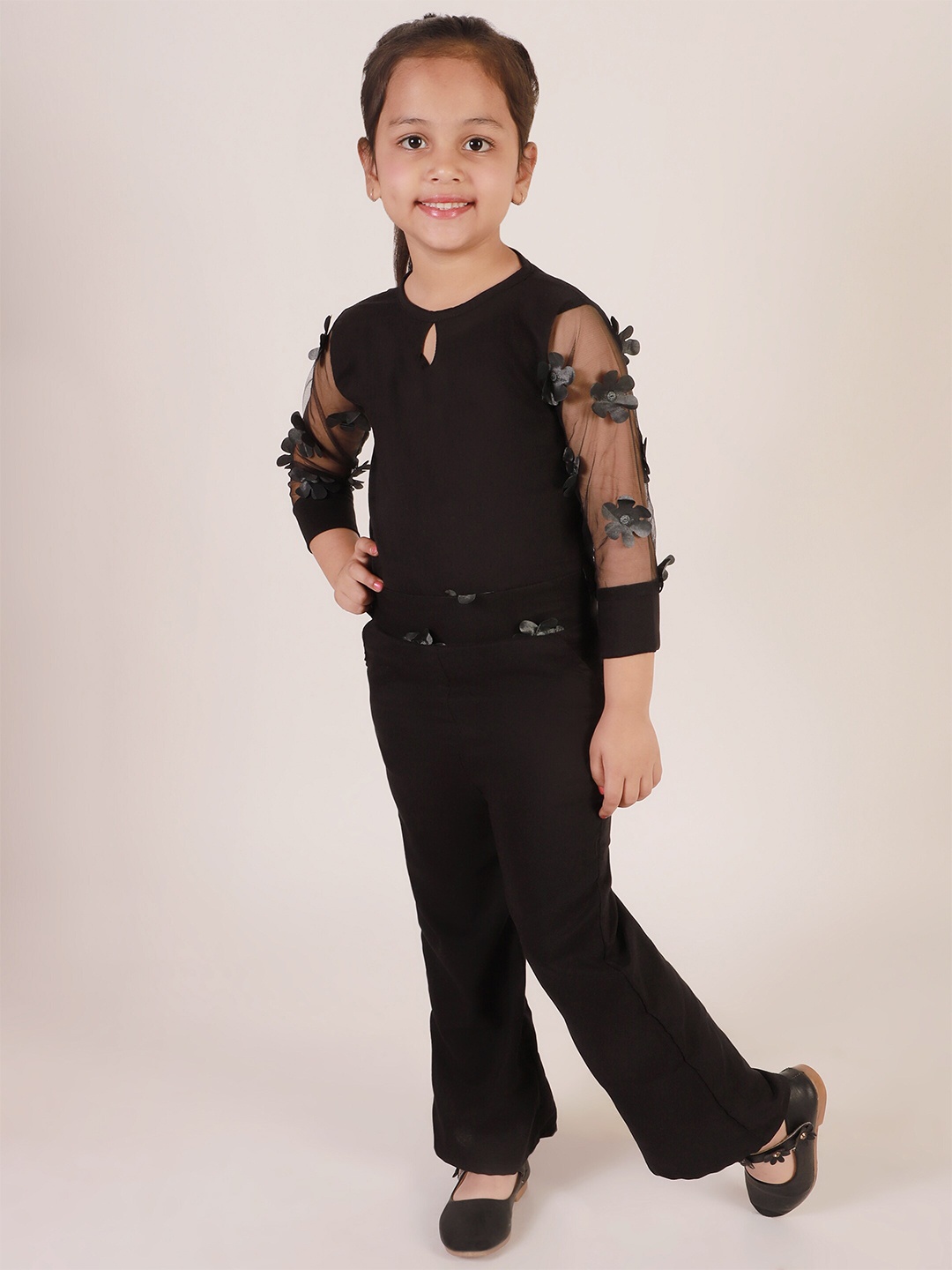 

Ameeha Girls Self Design Keyhole Neck Basic Jumpsuit, Black
