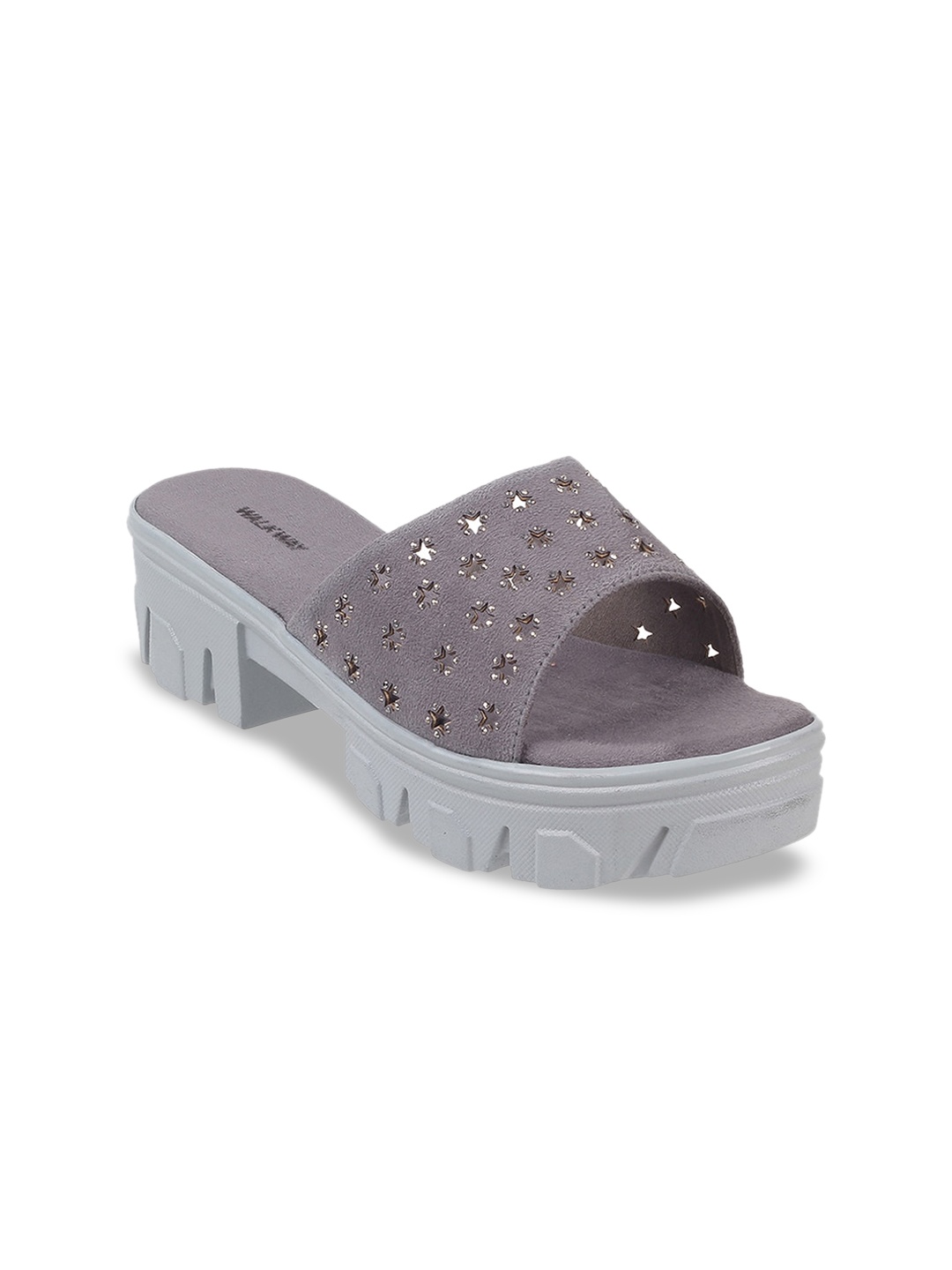 

WALKWAY by Metro Embellished Open Toe Block Heels With Laser Cuts, Grey