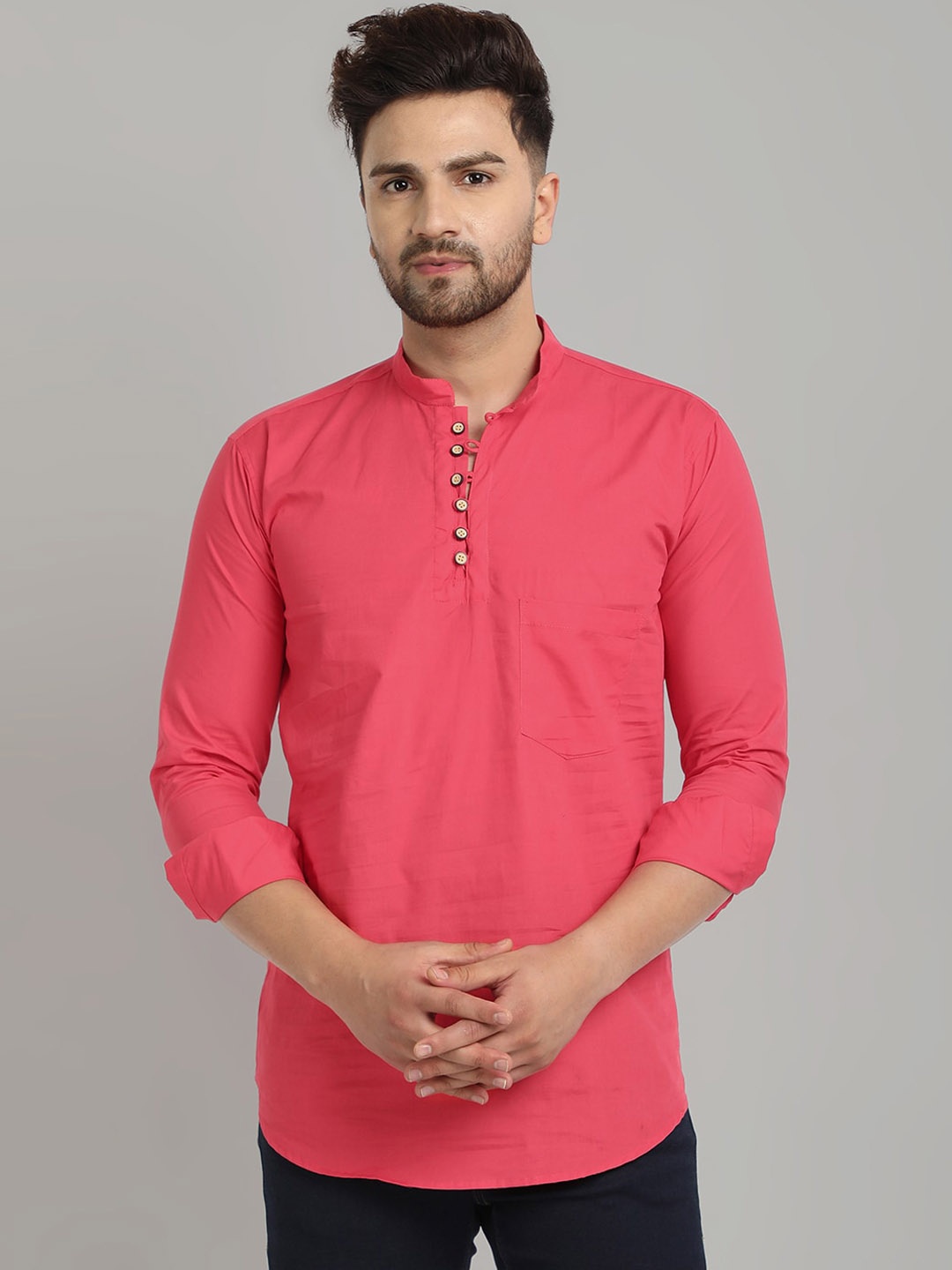 Majestic Mandarin Collar Straight Short Pure Cotton Kurta, Pink