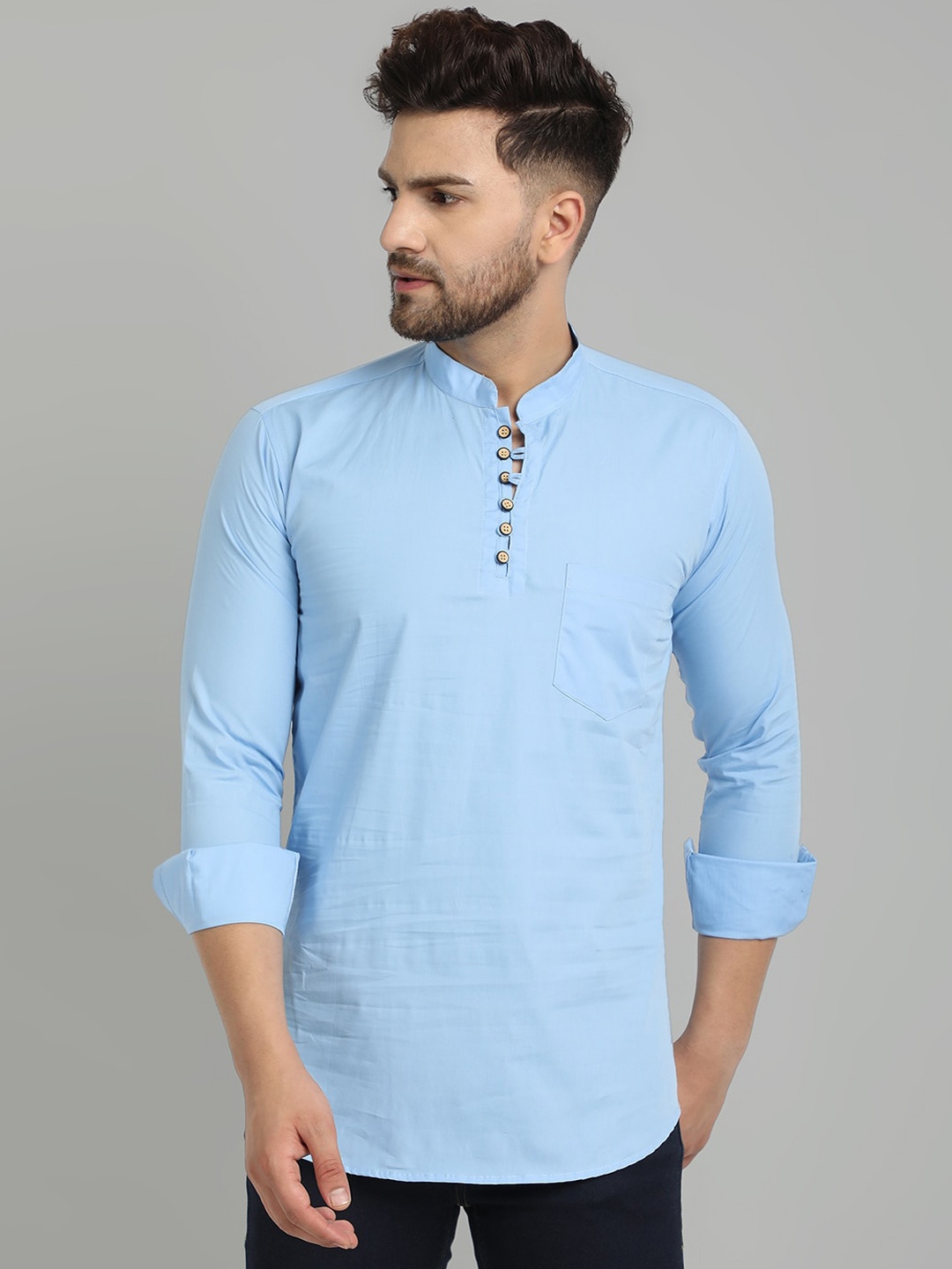 Majestic Mandarin Collar Straight Short Pure Cotton Kurta, Blue
