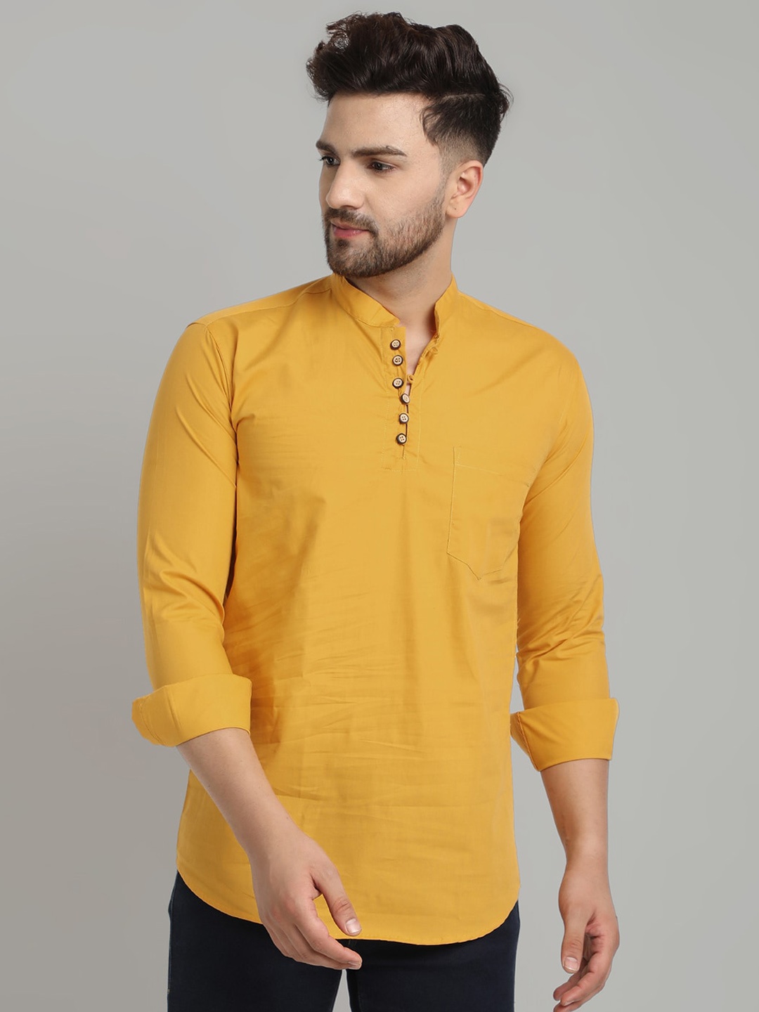 Majestic Mandarin Collar Straight Short Pure Cotton Kurta, Yellow