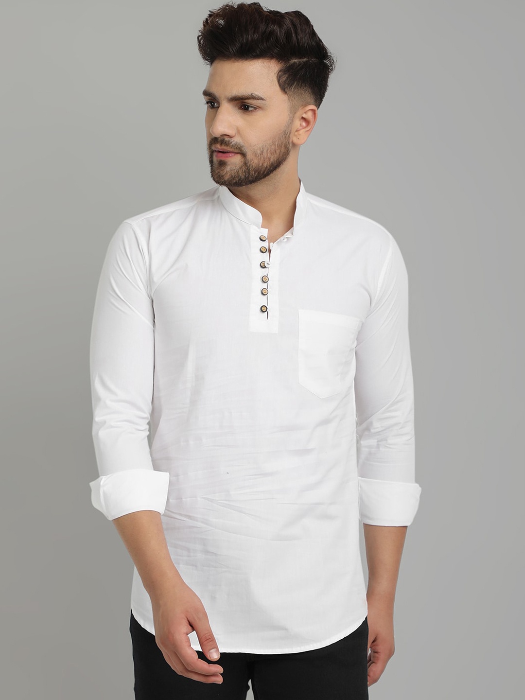 Majestic Mandarin Collar Straight Short Pure Cotton Kurta, White