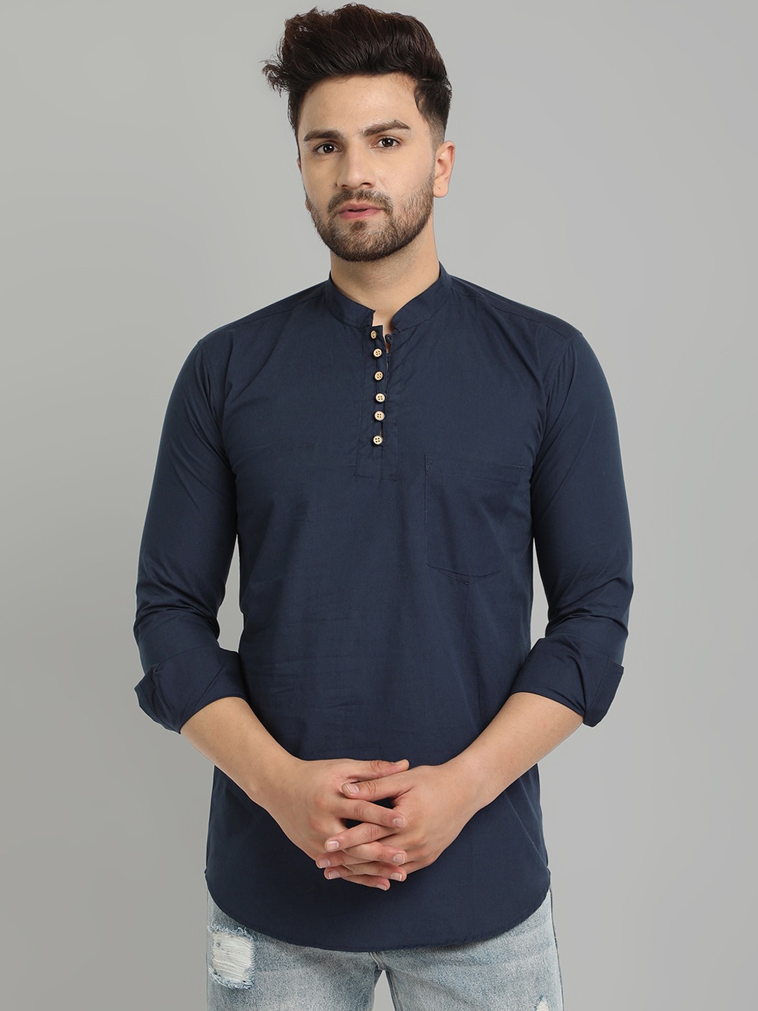 

Majestic Mandarin Collar Straight Short Pure Cotton Kurta, Navy blue