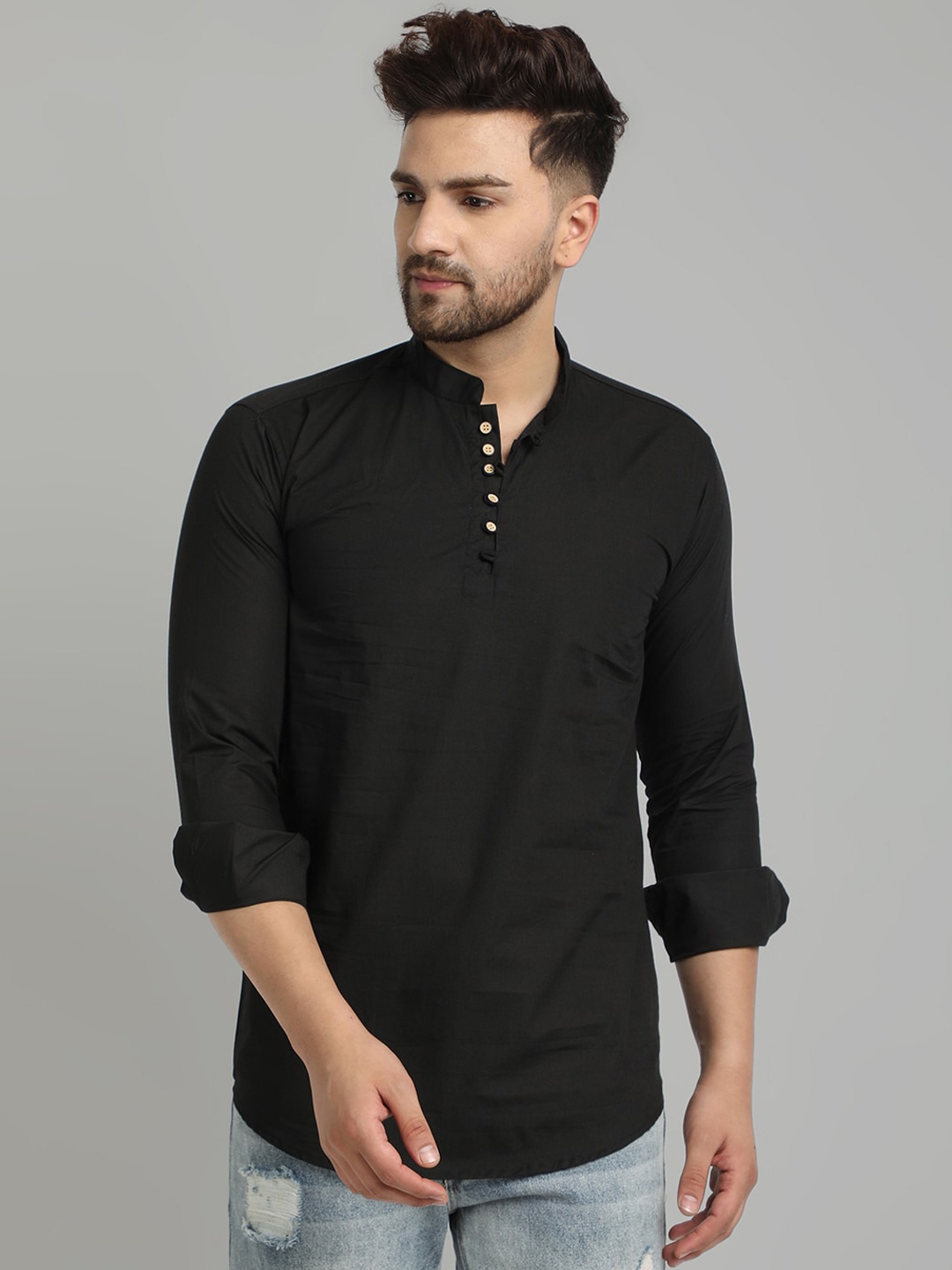 

Majestic Mandarin Collar Straight Short Pure Cotton Kurta, Black