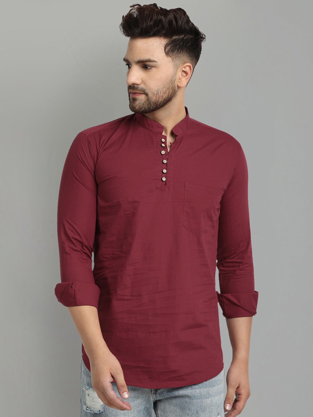 Majestic Mandarin Collar Straight Short Pure Cotton Kurta, Maroon