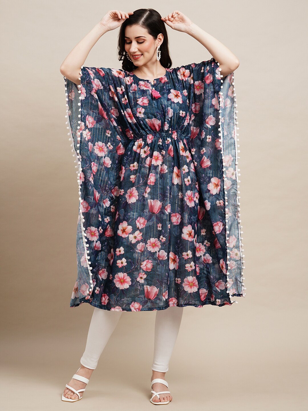 

Sangria Navy Blue & Pink Floral Printed Kaftan Kurta