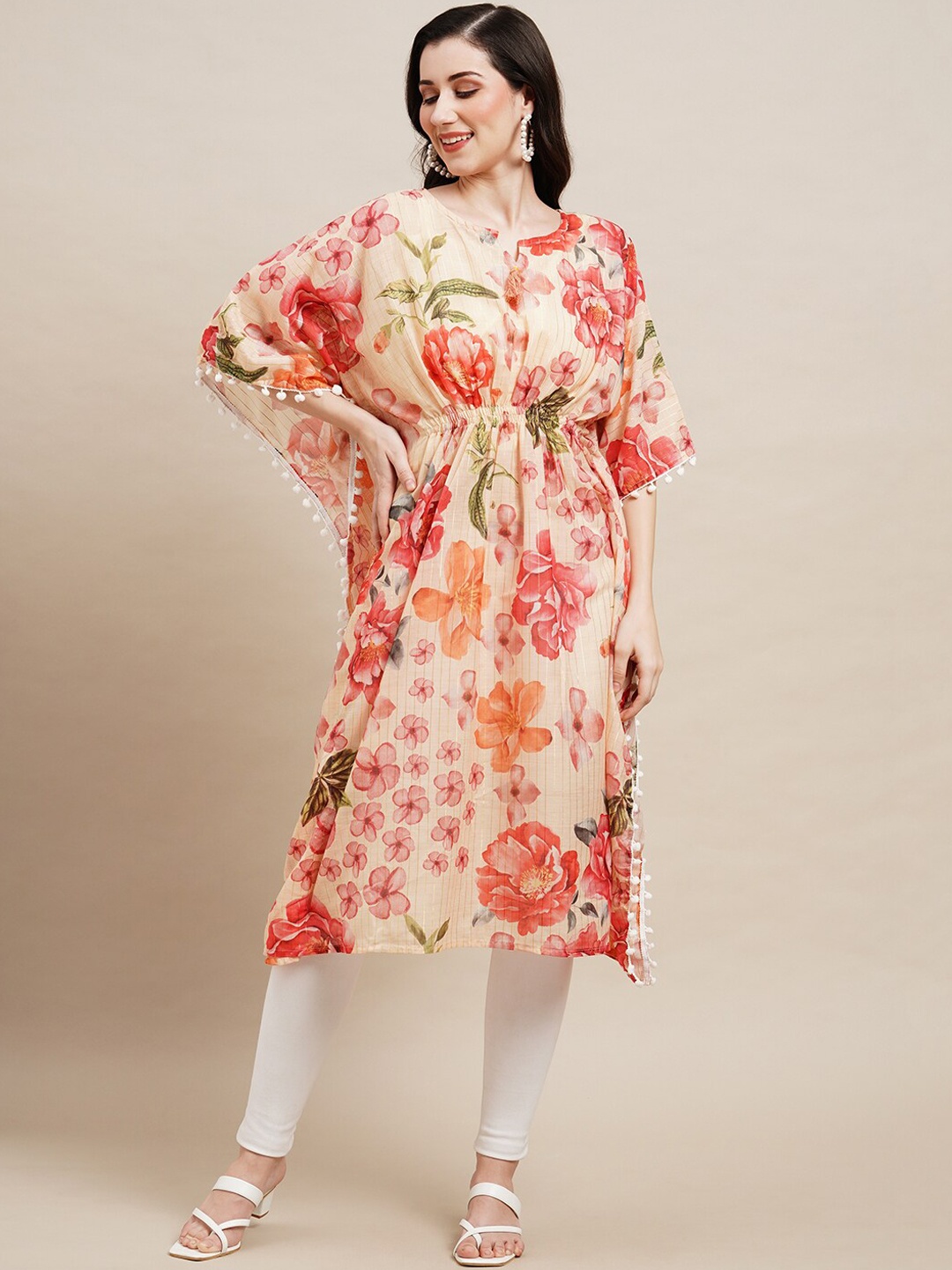 

Sangria Floral Printed Notched Neck A-Line Kaftan Kurta, Peach